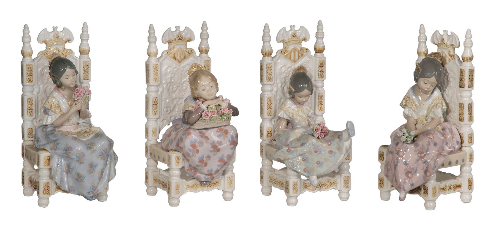 Lladro Porcelain Figurine Assortment: Lladro Porcelain Figurine Assortment (5) total items including #1395 Full of Mischief, #1396 Appreciation, #1397 Second Thoughts and #1398 Reverie; together with a Spanish language hardcover book