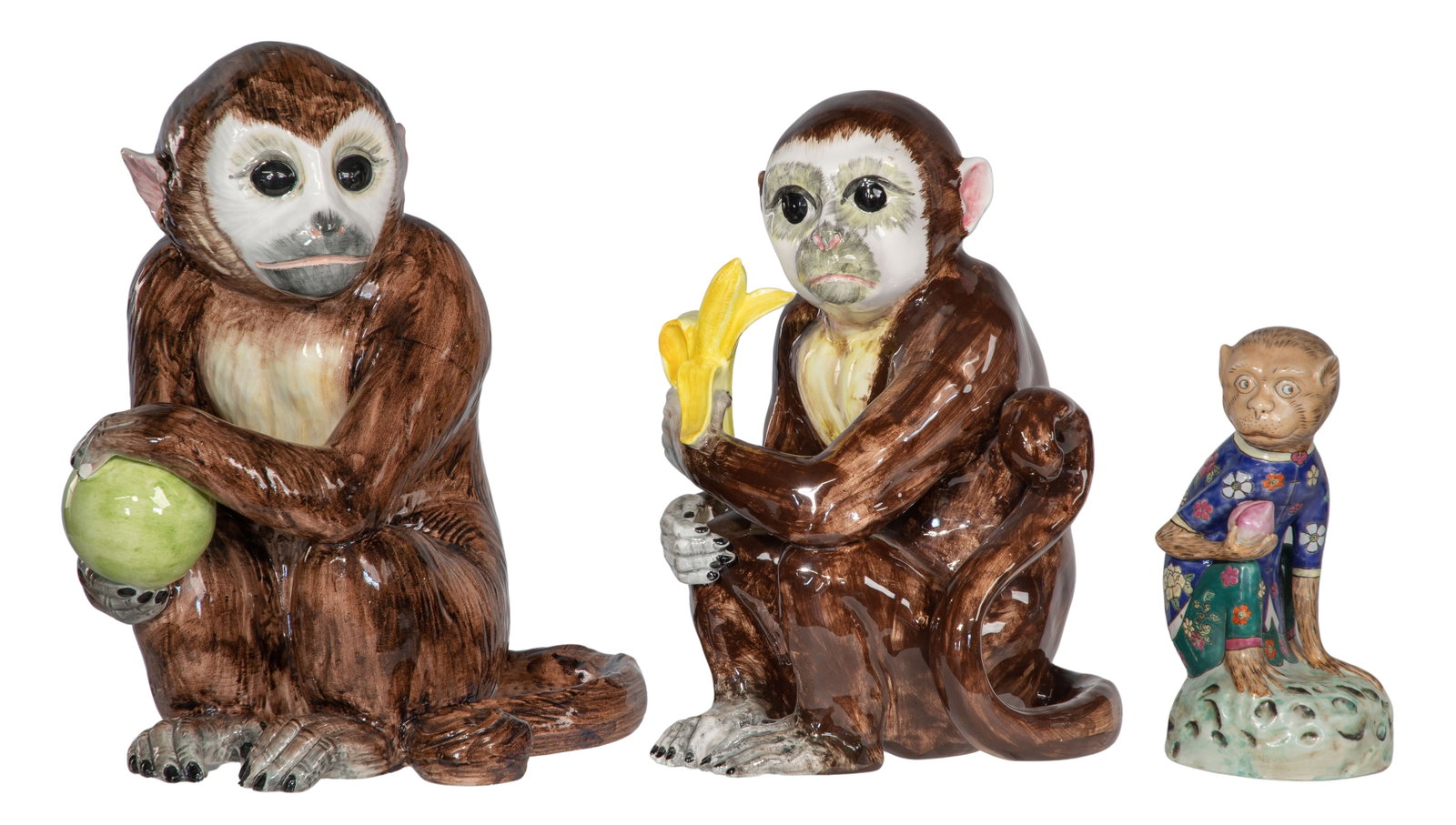 Ceramic Monkey Assortment: Ceramic Monkey Assortment (3) items including a chinoiserie porcelain monkey having stamped circular multi-character mark underside and (2) similar ceramic simians, one marked 'Italy' underside