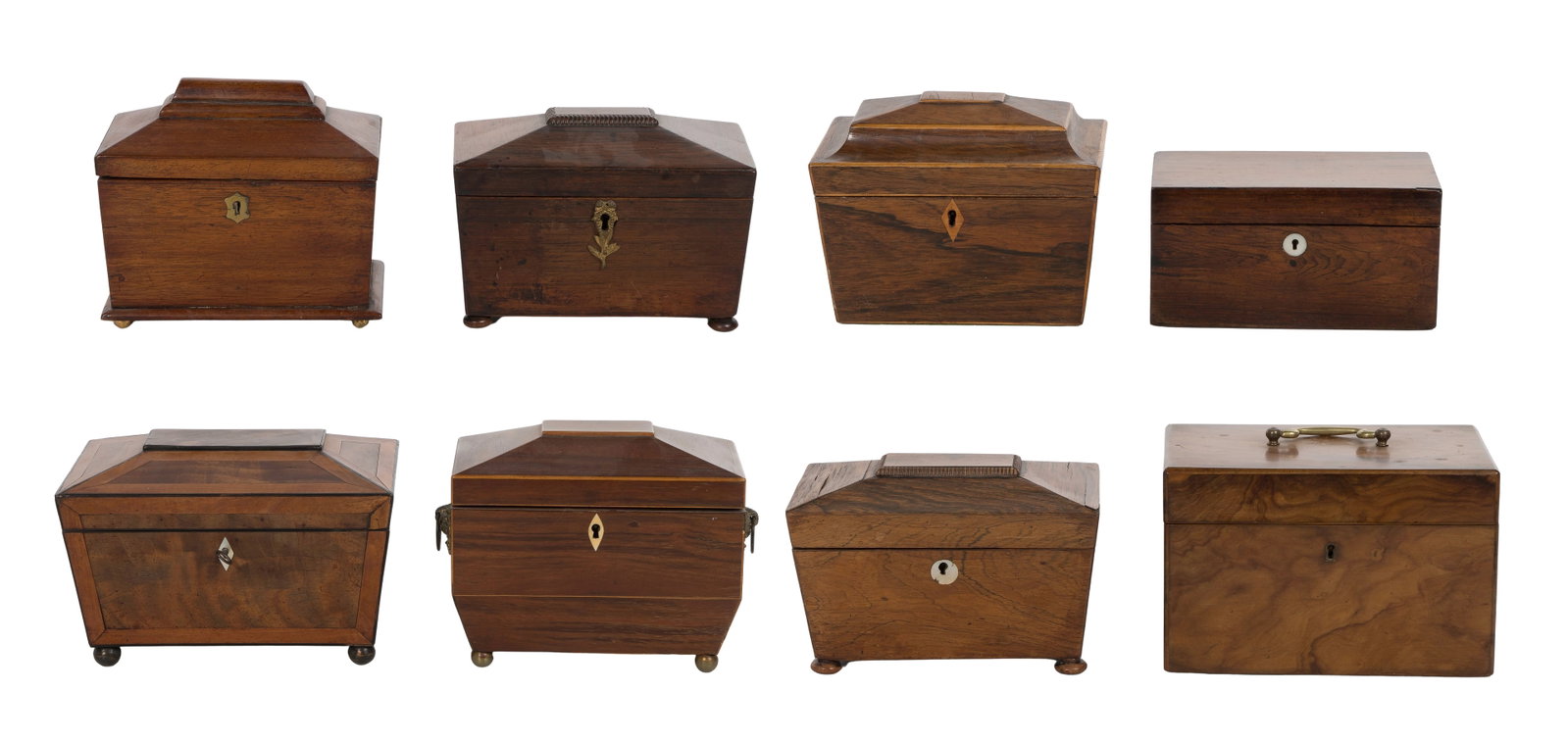Tea Caddy Assortment: Tea Caddy Assortment (8) items of various wood veneers, some having inlaid decoration and edge binding, some interiors having lids and compartments, most raised on bun feet, all having inlaid