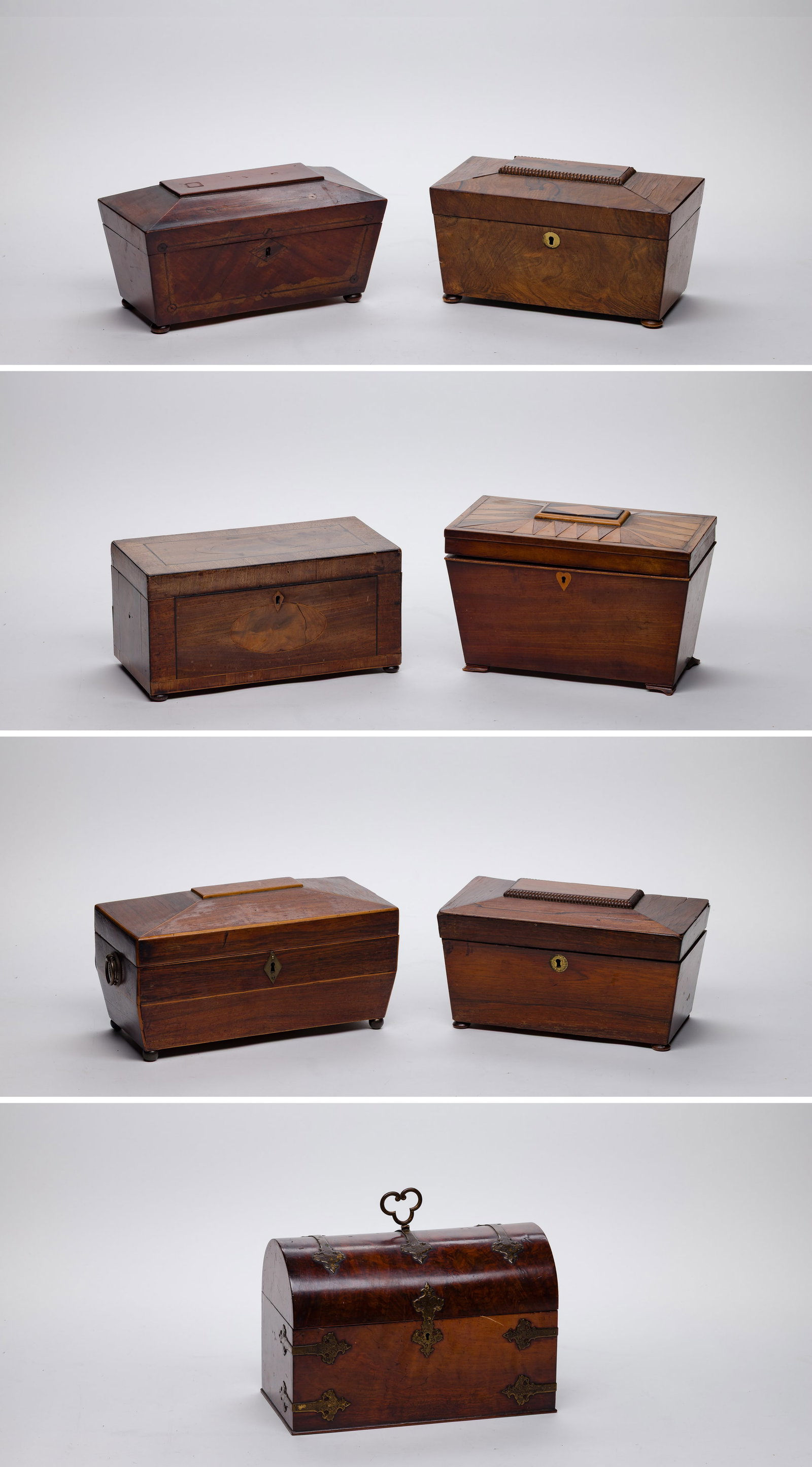 Tea Caddy Assortment: Tea Caddy Assortment (7) items of various wood veneers, some having inlaid decoration and edge binding, all having inlaid key escutcheons, most raised on bun feet, some interiors having lids and