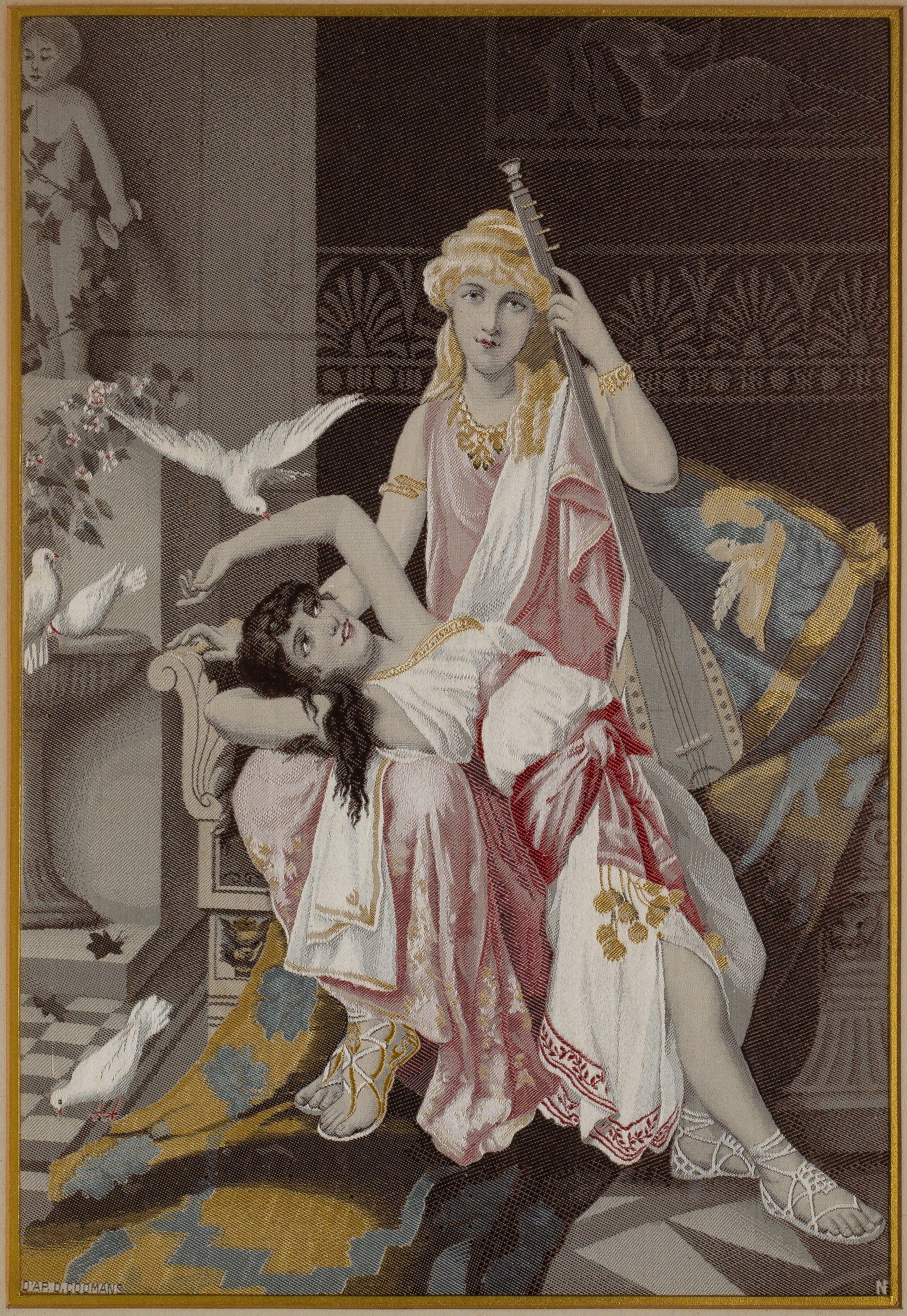 Diane Coomans (Belgium, 1861-1952) 'Le Gynecee' Tapestry: Diane Coomans (Belgium, 1861-1952) 'Le Gynecee' Tapestry (3) total items including a 1907 stitch signed tapestry, having 'NF' stitched in corner, embroidered in silks after the Vasari painting; togeth