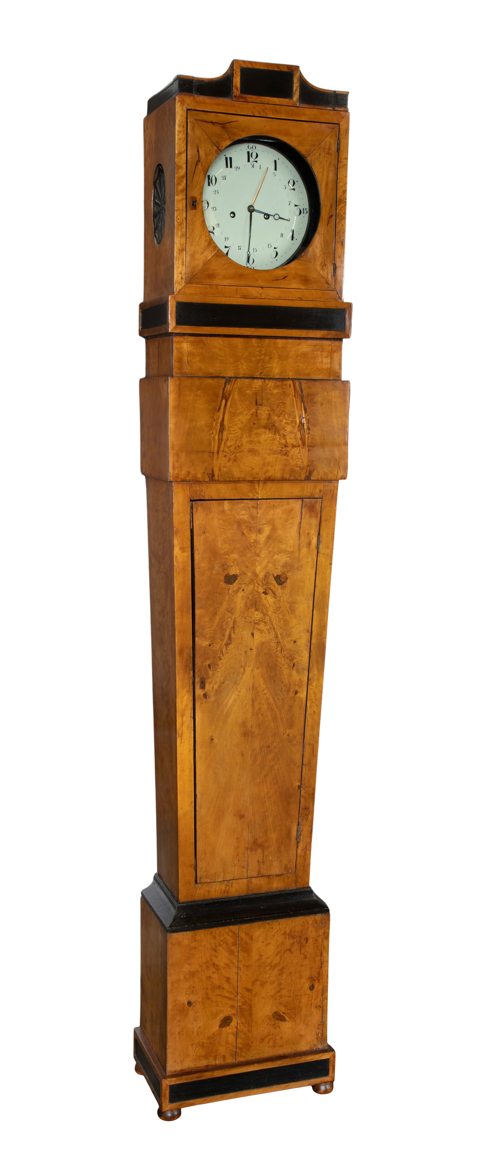 Biedermeier Tall Case Clock: Biedermeier Tall Case Clock Having a burled maple finish and black lacquer details Property from: an Estate, Chicago (Streeterville), Illinois Height: 86 inches, Width: 9 7/8 inches Condition: bottom
