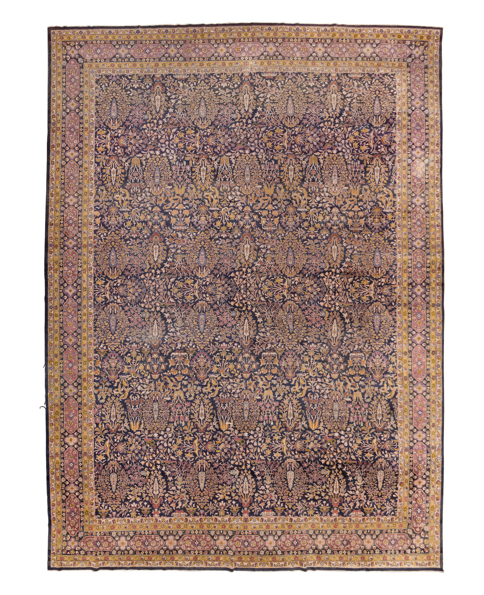 Persian Wool Rug: Persian Wool Rug A palatial, flat weave rug having a floral design in hues of gold, taupe, mauve, purple and cream on a black field Property from: an Estate, Chicago (Streeterville), Illinois Rug