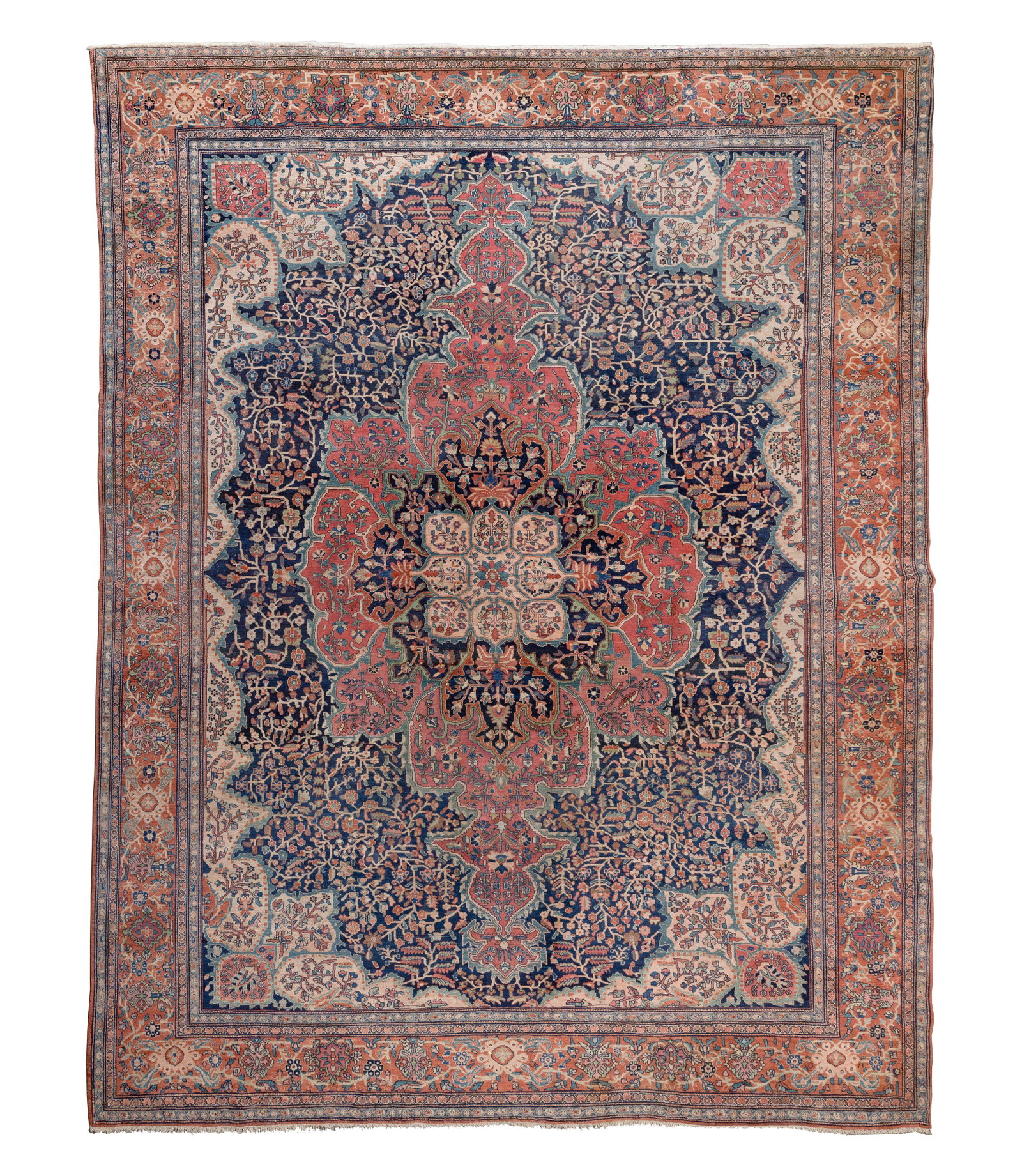 Persian Wool Rug: Persian Wool Rug A hand woven, flat weave having a floral design and center medallion in hues of salmon, green and cream on a blue field Property from: an Estate, Chicago (Streeterville), Illinois
