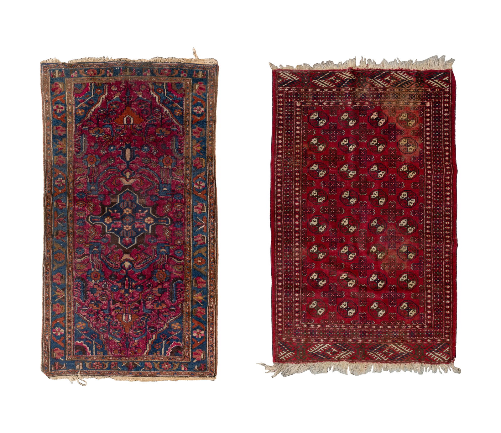 Persian Wool Rugs: Persian Wool Rugs (2) items including a geometric and floral design in hues of blue, cream, gold and brown on a burgundy field as well as a geometric design in hues of cream and black on a red field