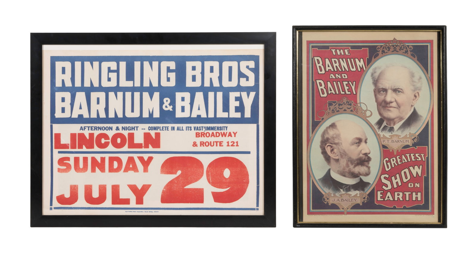 Barnum and Bailey Circus Posters: Barnum and Bailey Circus Posters (2) items including a mid-20th-century reproduction of an 1897 Strobridge Lithograph Company poster having the photographs of Barnum and Bailey and a mid-century by