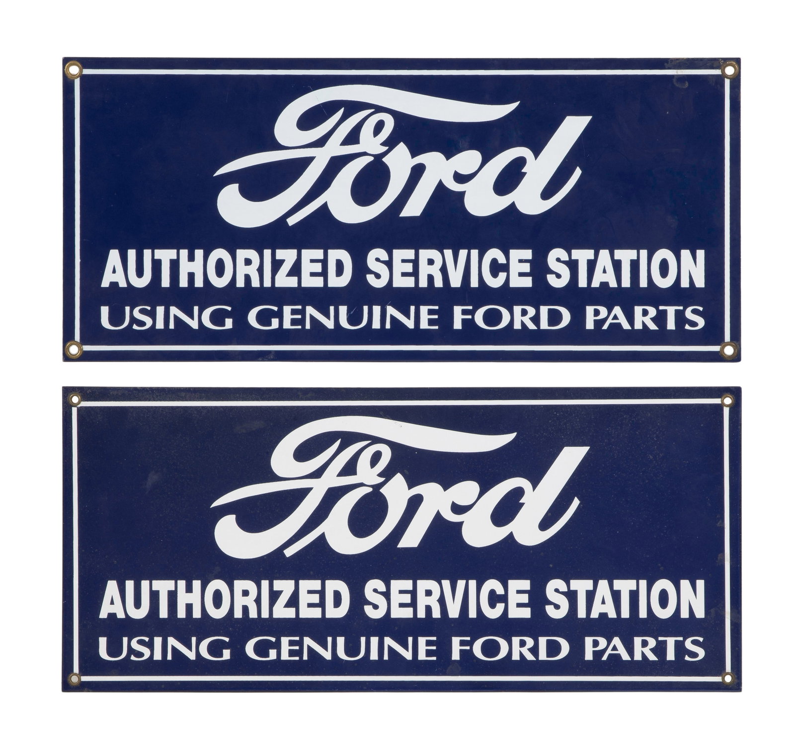 Ford Enamel Signs: Ford Enamel Signs (2) Ford Authorized Service Station single-sided porcelain signs having cobalt blue porcelain enamel background, white lettering and grommet lined holes for hanging Property from: a