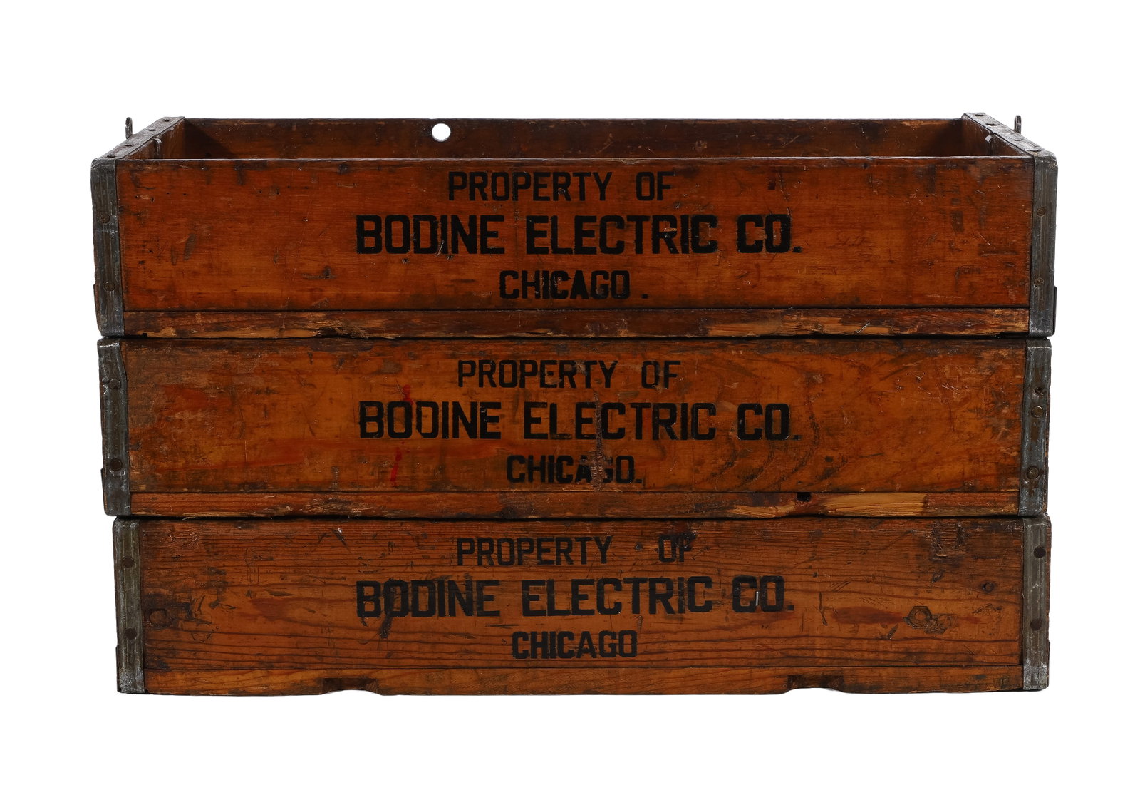 Bodine Electric Wood Shipping Crate Assortment: Bodine Electric Wood Shipping Crate Assortment (3) items, stacking wood having metal reinforcement, hand-holes to ends and branded 'Property of / Bodine Electric Co. / Chicago' on sides, varnished
