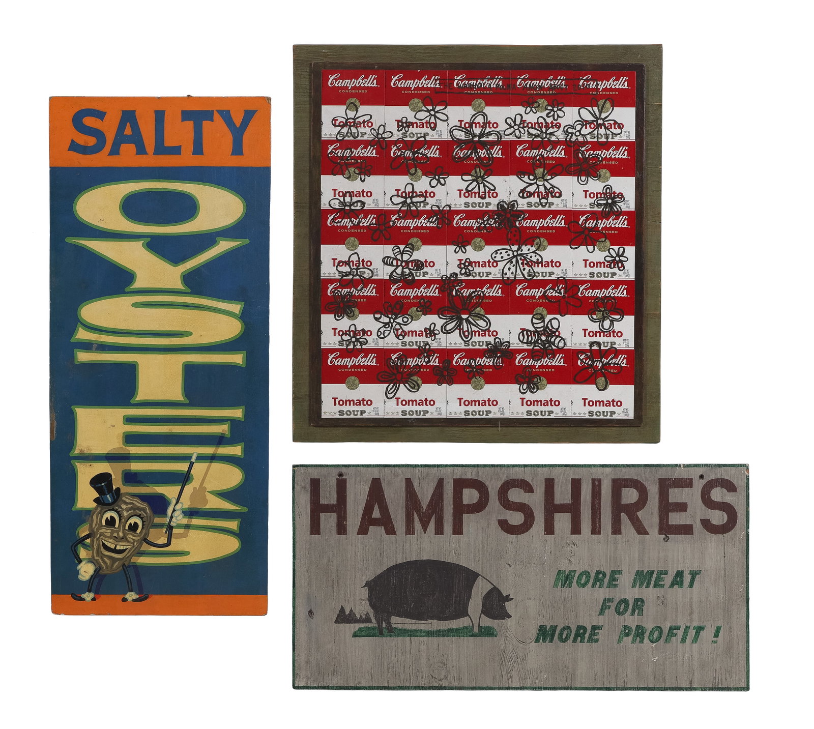 Wood Advertising Sign Assortment: Wood Advertising Sign Assortment (3) items including a painted Hampshire pig sign reading 'Hampshires: More Meat For More Profit', a 'Salty Oysters' sign having an anthropomorphic oyster and a 2010