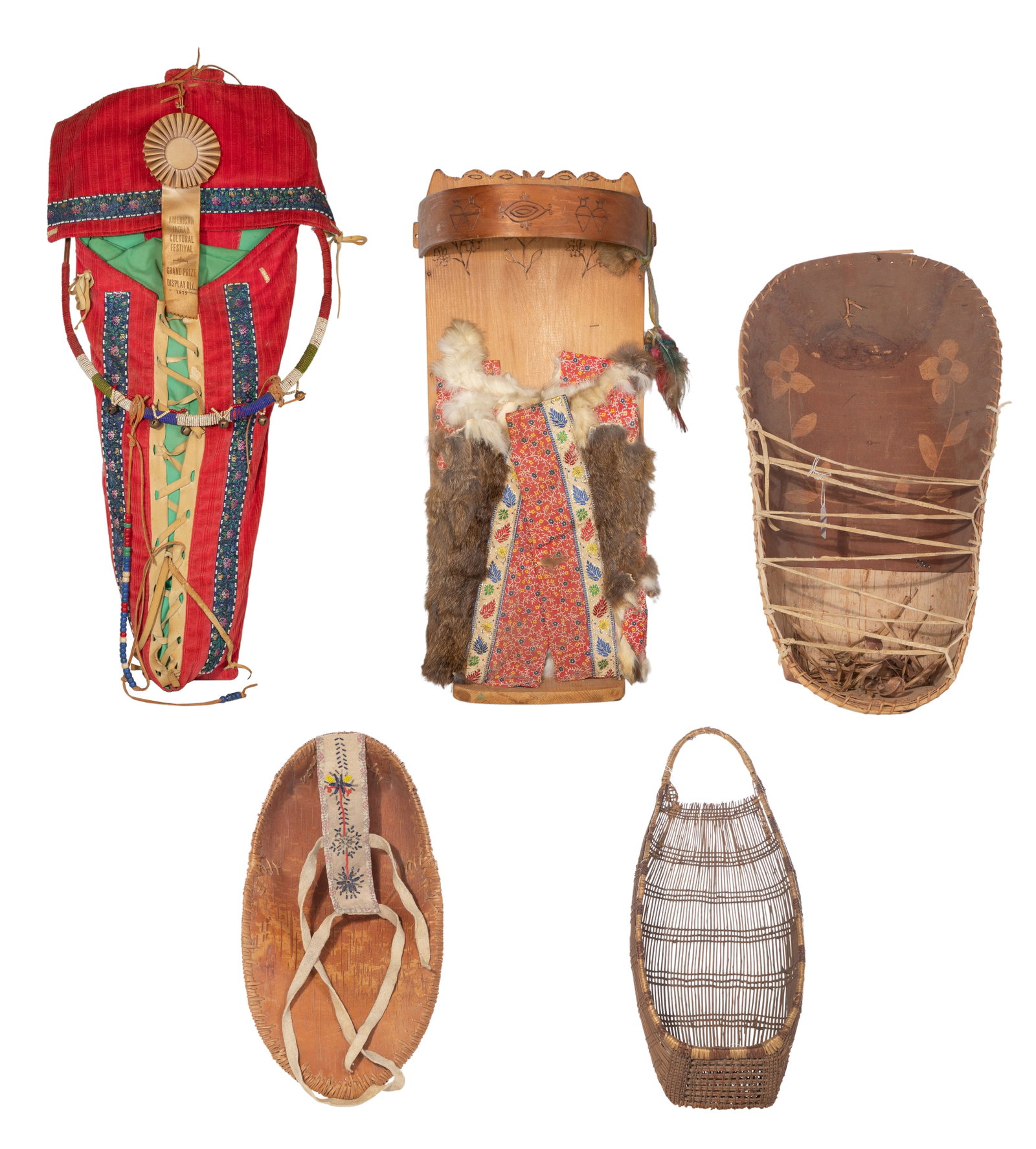 Native American Cradleboard Assortment: Native American Cradleboard Assortment (5) items having various designs and construction Property from: TBD Height: 28 inches (tallest) Condition: overall light wear consistent with normal use,