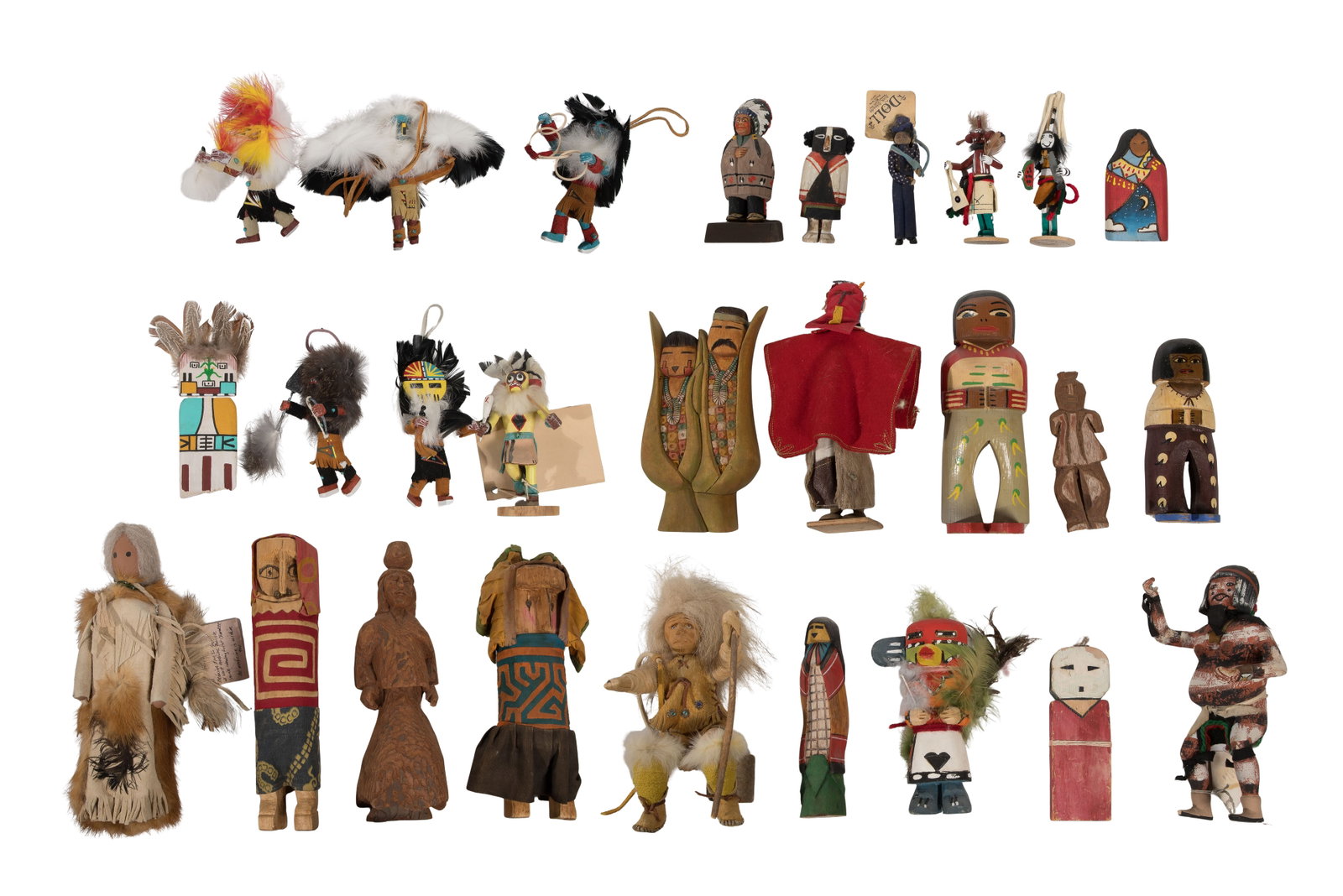 Native American Doll Assortment: Native American Doll Assortment (27) items of various styles and sizes including (15) kachina style, (2) Central American style dressed in mola fabrics and (10) assorted carved wood, many having
