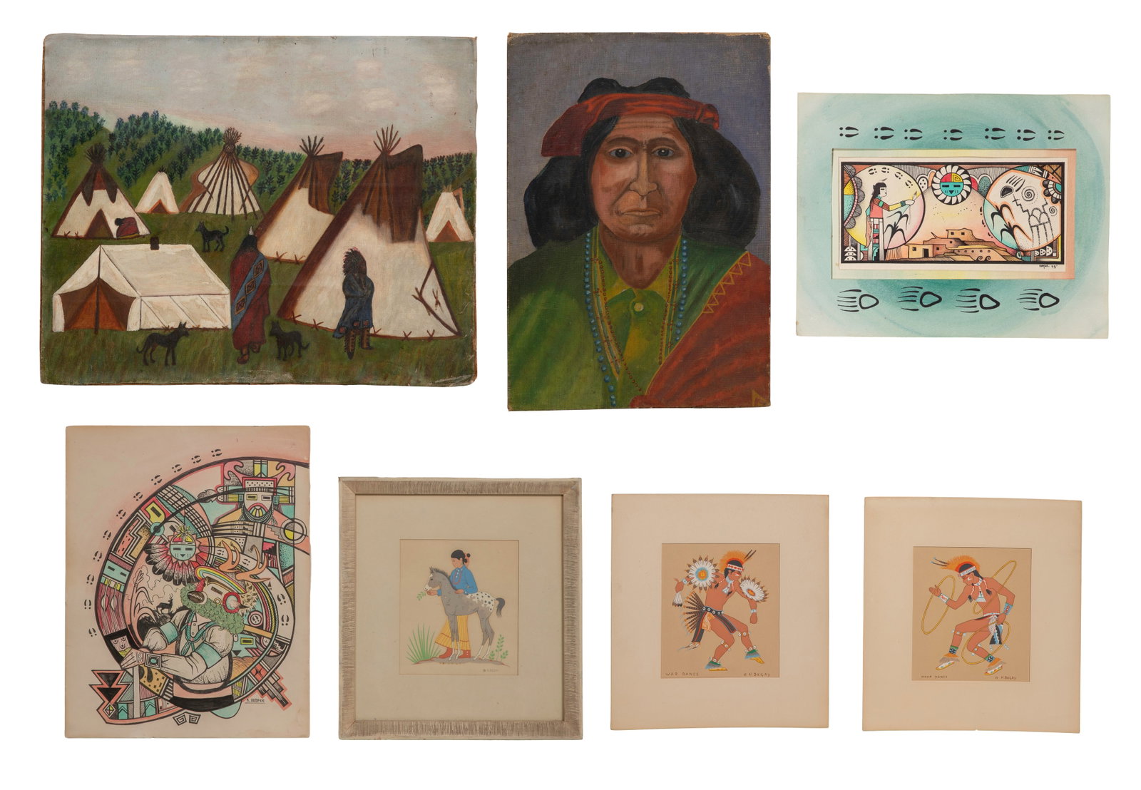 Native American Artwork Assortment: Native American Artwork Assortment (8) items including (3) undated, unsigned, H. Begay silkscreen reproductions by Tewa Enterprises Santa Fe, New Mexico, one in a wood frame, (2) Hopi ink, pencil and 