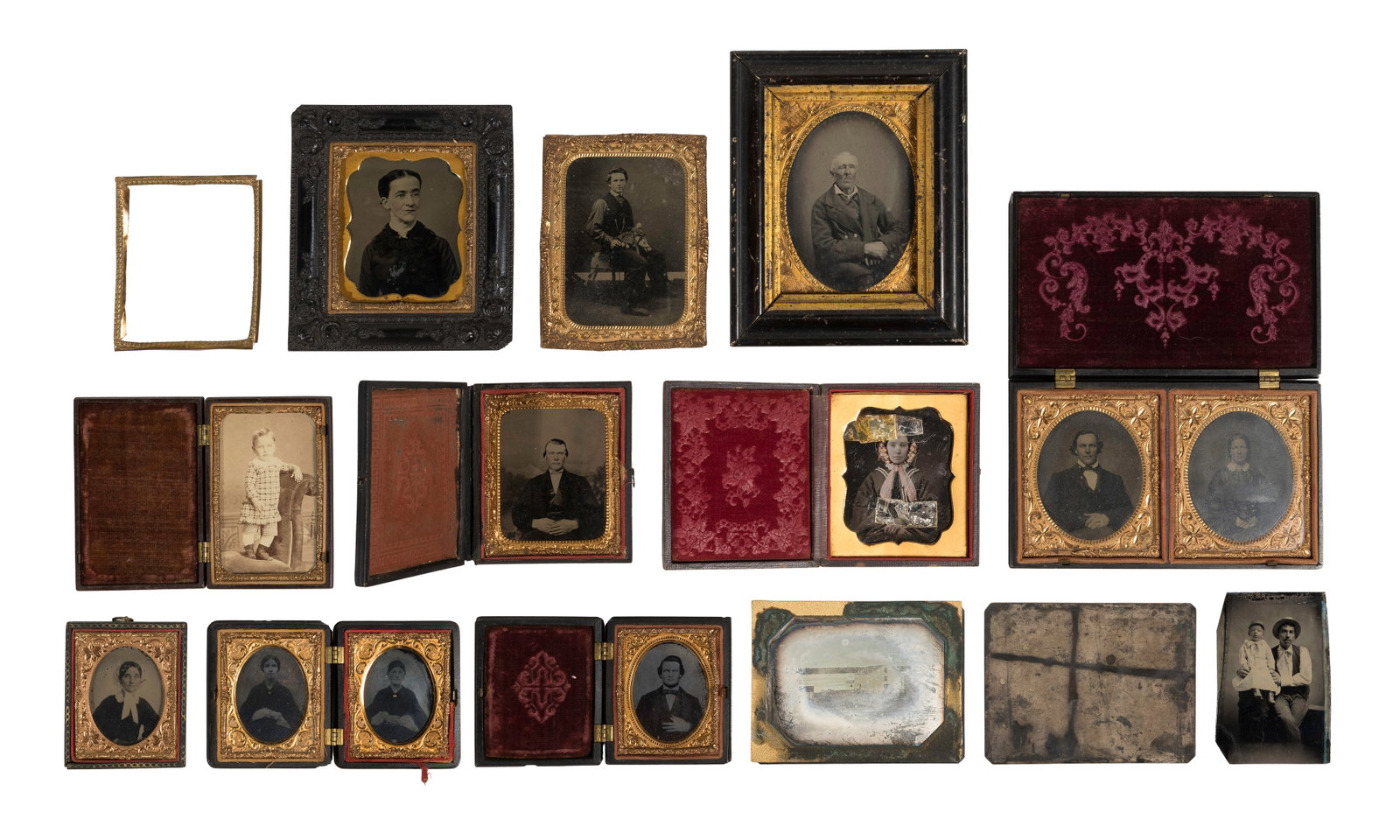 Tintype Assortment: Tintype Assortment (12) total items including various portraits of women, children, in Gutta Percha and leather bound book frames with metal accents; together with pieces of frames Property from: an