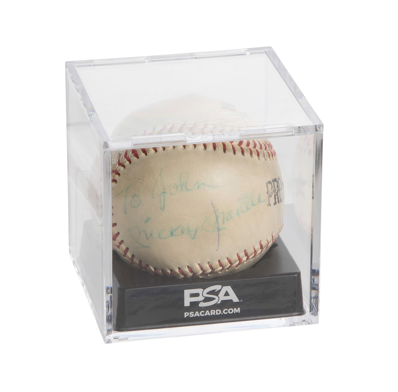 Mickey Mantle Autographed Baseball PSA/DNA: Mickey Mantle Autographed Baseball PSA/DNA Baseball signed by Mickey Mantle, PSA #AS05938 Letter of Authenticity, inscribed 'To John' having PSA hologram in acrylic case Property from: an Estate,
