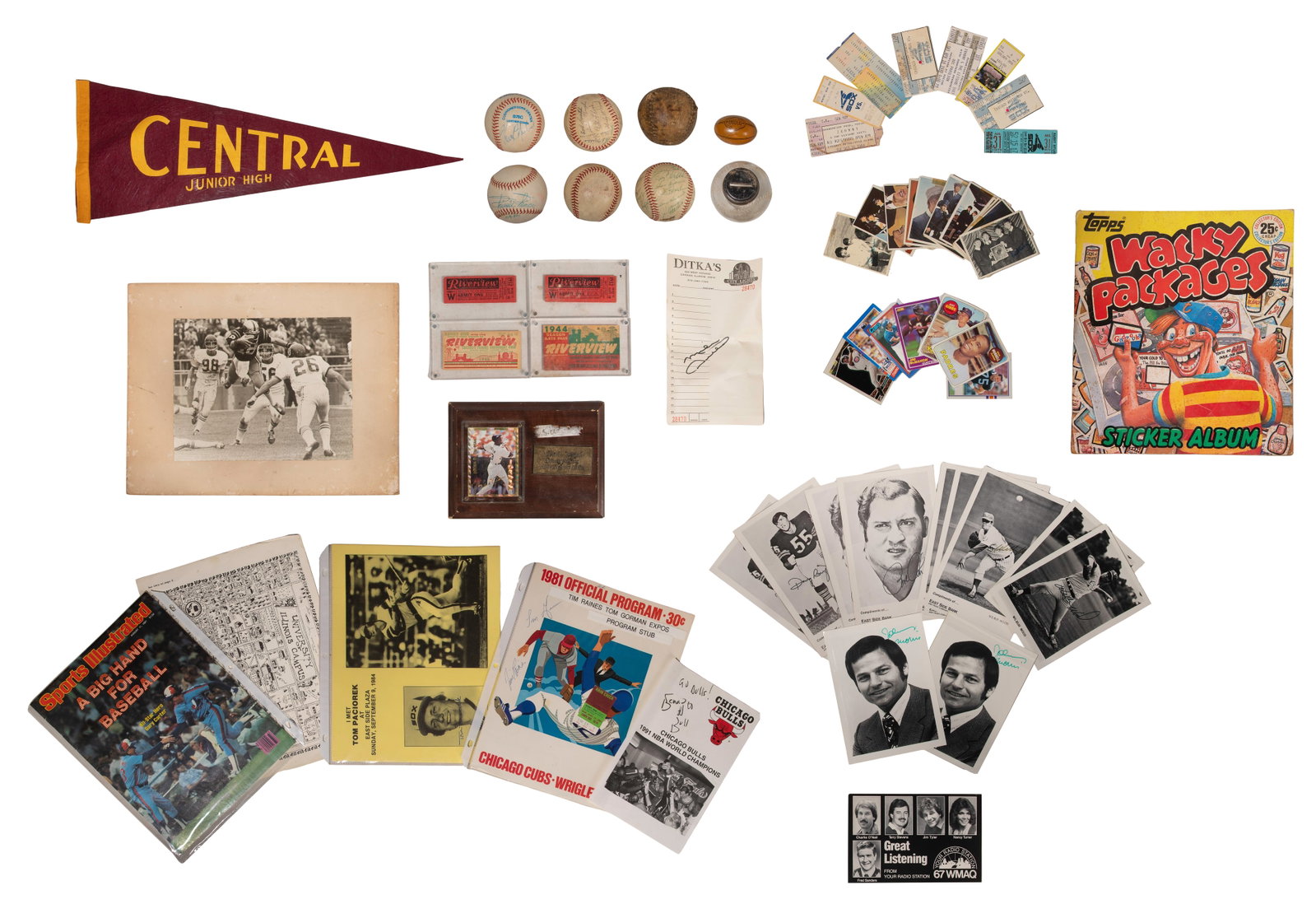 Signed Sports Memorabilia Assortment: Signed Sports Memorabilia Assortment Including team signed Chicago White Sox baseballs, Michael Jordan baseball plaque having sealed card, programs and a Chicago Bears photograph; together with