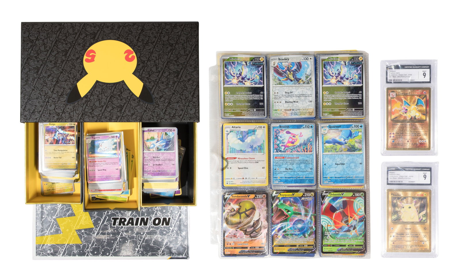 Pokemon Card Assortment: Pokemon Card Assortment Approximately (360) items, graded 9 Mint CGC sealed having holograms including a gold metal Charizard and a gold metal Pikachu, both having a CGC hologram, as well as a mix of
