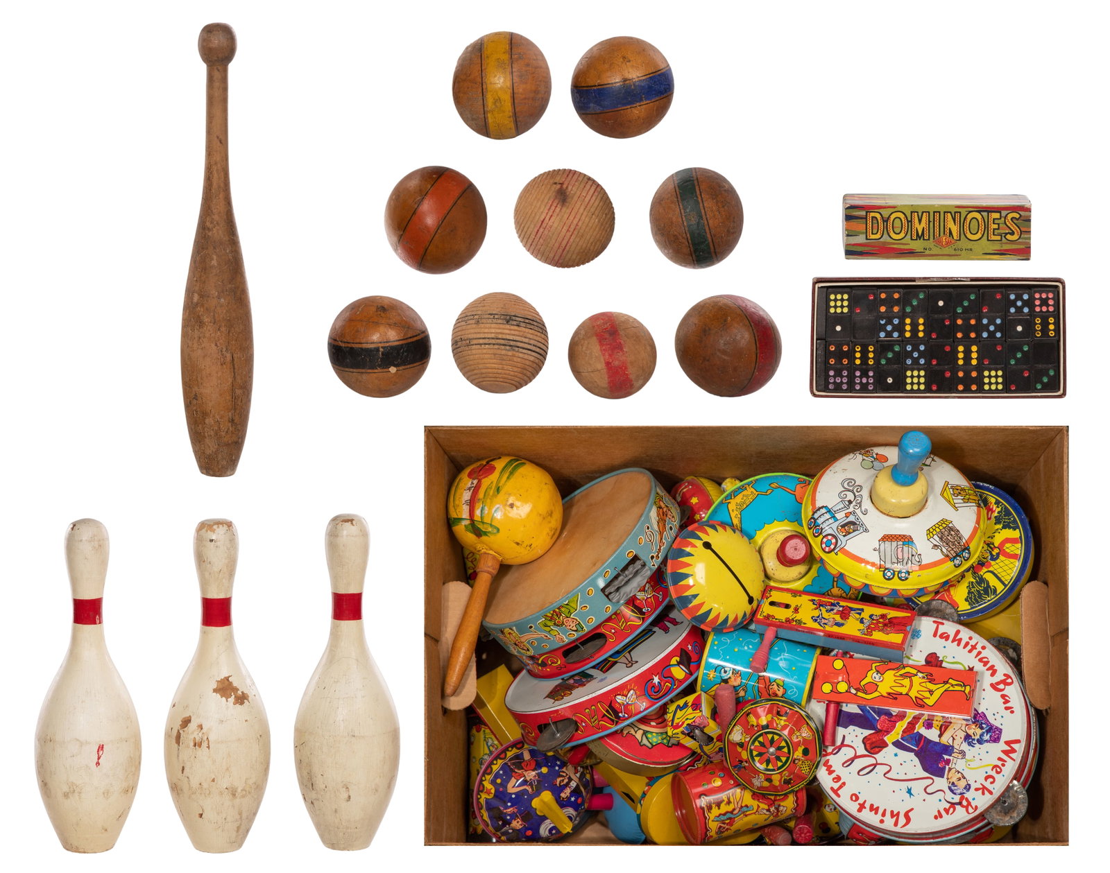 Toy Assortment: Toy Assortment Approximately (65) items, including approximately (50) litho tin items such as tops, tambourines and various types of noise makers, (2) sets of dominoes, (9) croquet balls, (3) bowling