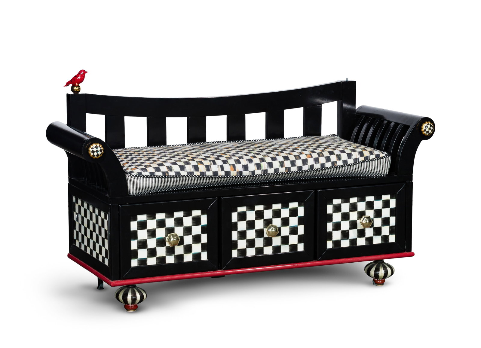 MacKenzie-Childs Courtly Check Window Bench: MacKenzie-Childs Courtly Check Window Bench A slat back with bird finials, curved arms having enamel painted finials, a plank seat, a removable fitted check and stripe cushion over three