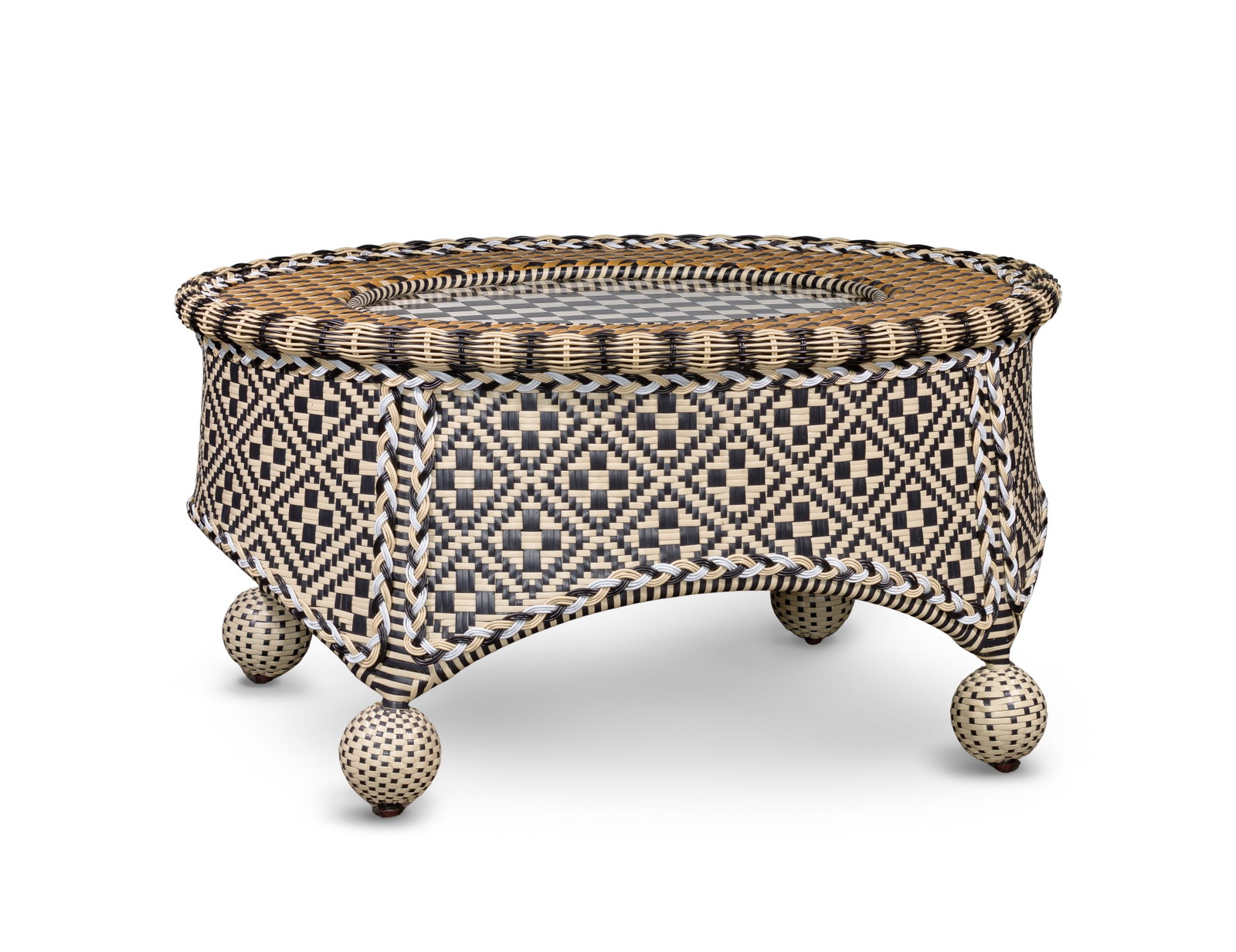 MacKenzie-Childs Courtly Coffee Table: MacKenzie-Childs Courtly Coffee Table An indoor / outdoor coffee table having an enameled metal Courtly Check style checkered top that transitions into a resin wicker hand woven geometric pattern on