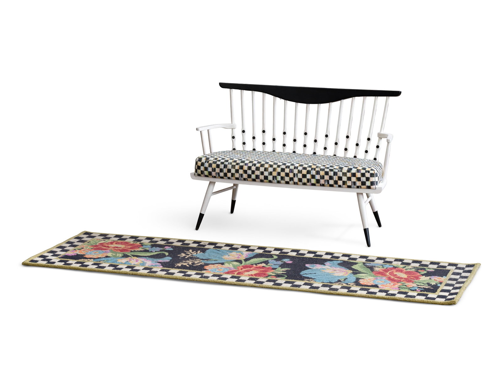 MacKenzie-Childs Musical Bench and Rug: MacKenzie-Childs Musical Bench and Rug (2) items including a bench having a spindle back accented with vinyl dots, a cushioned upholstered seat in a signature check pattern having original metal