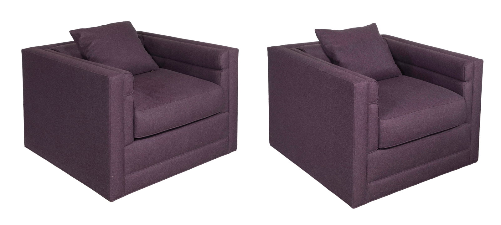 Purple Mohair Upholstered Club Chairs: Purple Mohair Upholstered Club Chairs Pair having an eggplant fine wool upholstery and down filled throw pillows Property from: an Estate, Chicago (Streeterville), Illinois Height: 27 inches, Width: