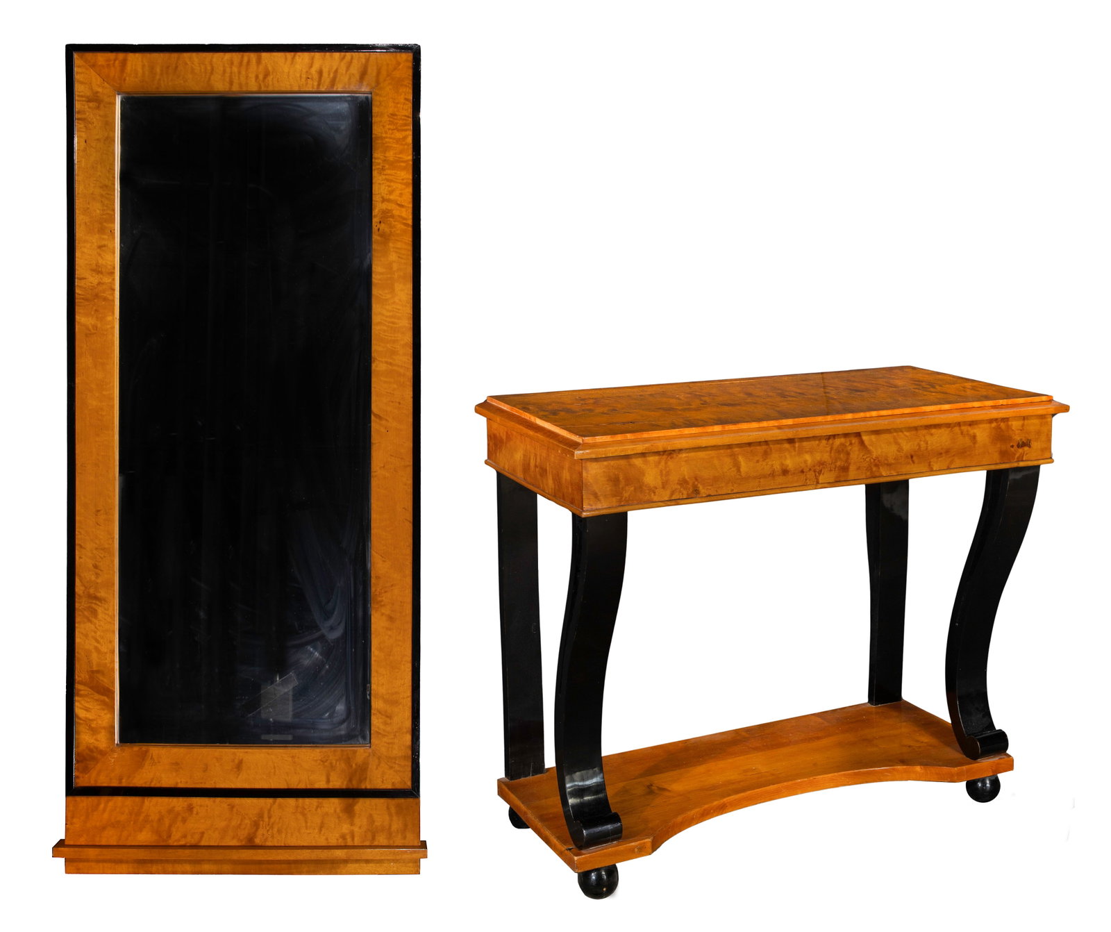 Biedermeier Console Table and Mirror: Biedermeier Console Table and Mirror Burled maple finish, black lacquered details Property from: an Estate, Chicago (Streeterville), Illinois Height: 30 1/2 inches, Length: 35 3/4 inches, Depth: 18