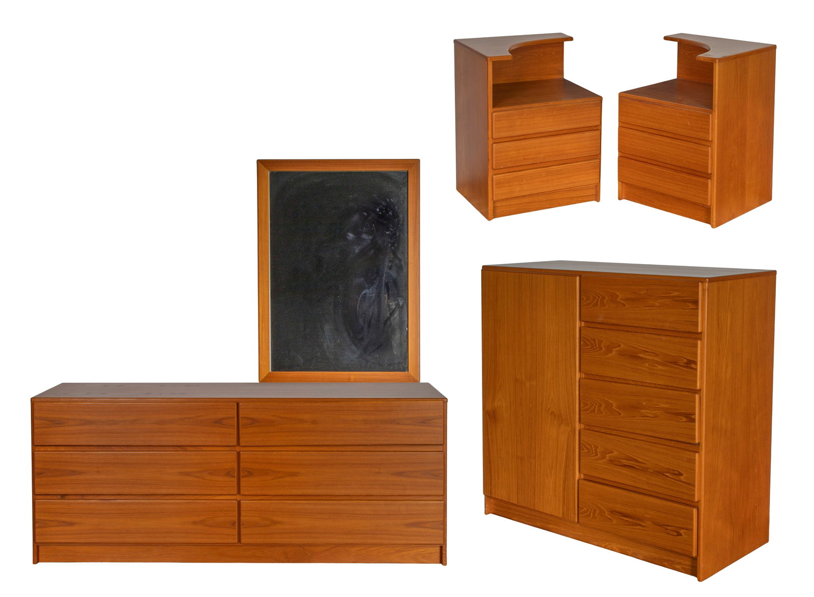 Mobican Teak Bedroom Suite: Mobican Teak Bedroom Suite (6) total items including a queen size bed frame having headboard and sliding storage drawers underneath, (2) 3-drawer night stands, a 6-drawer dresser, a wardrobe chest of