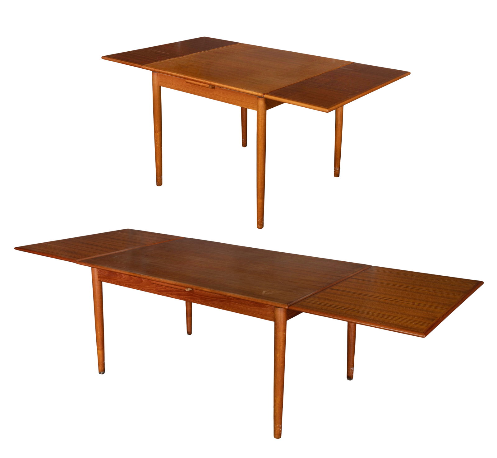 Danish A R Mobler Teak Extension Tables: Danish A R Mobler Teak Extension Tables (2) items in matching style having hidden pull-out leaves, including a dining table having 23.50-inch leaves (extending to 104-inches) and a 34-inch square