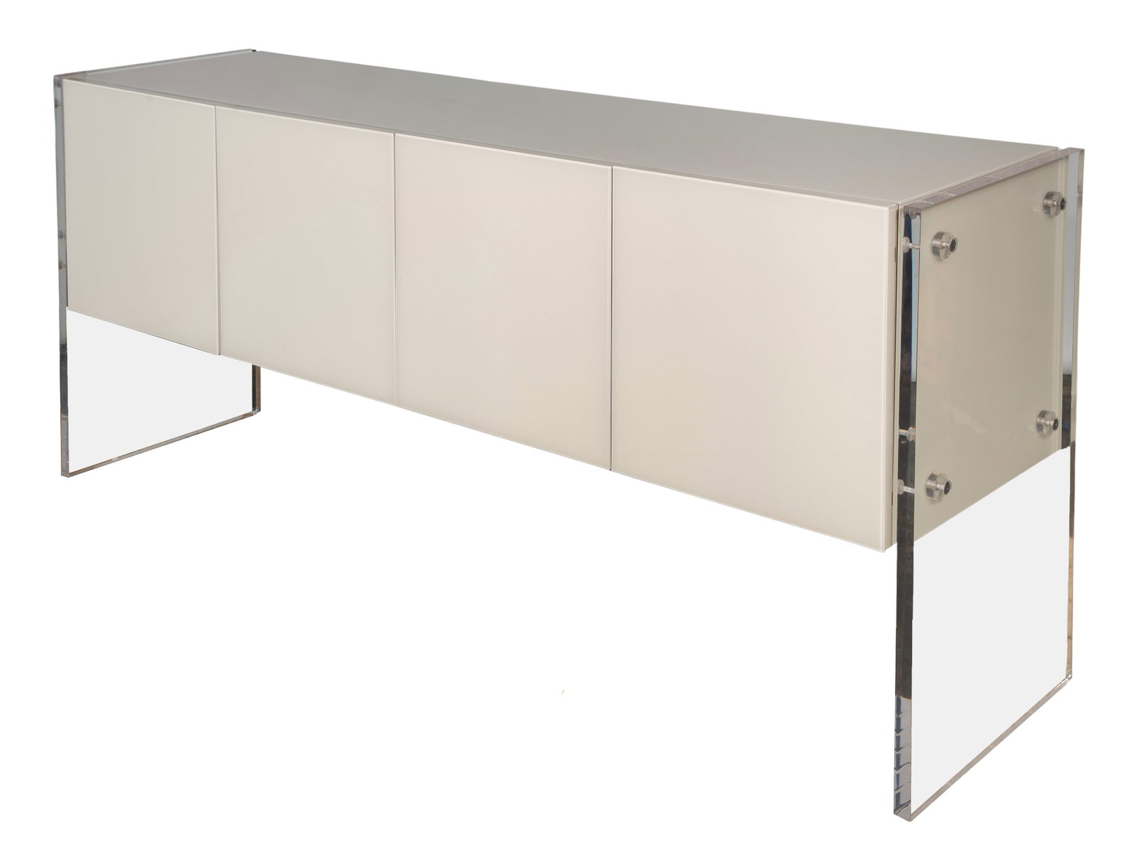 Milo Baughmann for Thayer Coggin Credenza: Milo Baughmann for Thayer Coggin Credenza Having four doors, a white lacquer finish and acrylic sides Property from: an Estate, Chicago (Streeterville), Illinois Height: 32 inches, Length: 71 3/4