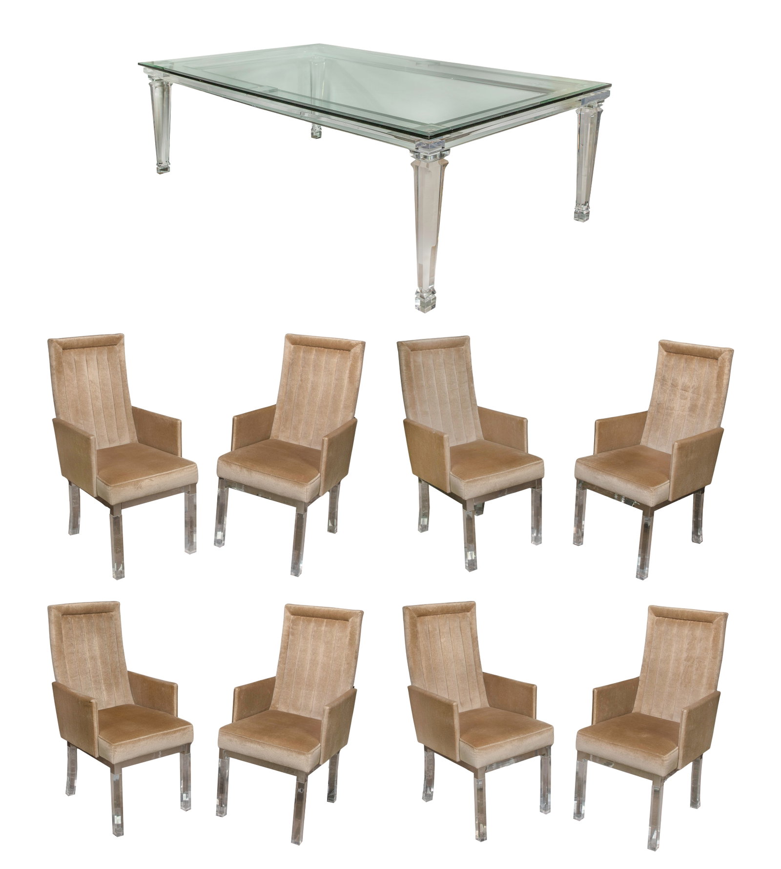 Lucite and Glass Dining Suite: Lucite and Glass Dining Suite Including a plate glass top table and set of (8) mohair upholstered dining chairs, all having acrylic legs Property from: an Estate, Chicago (Streeterville), Illinois