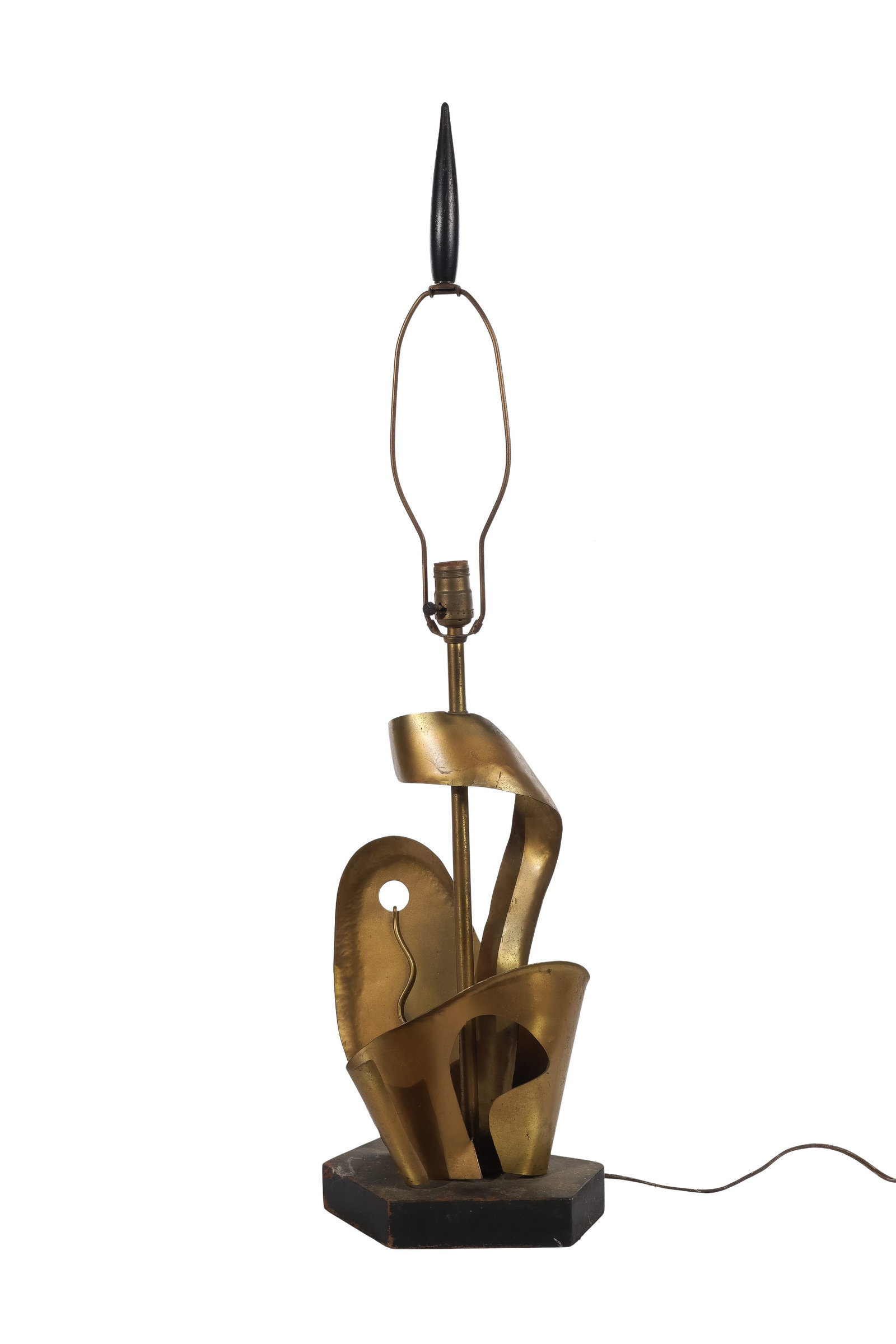 Heifetz Brass Table Lamp: Heifetz Brass Table Lamp Abstract form brass sheet construction centering the tubular standard and tall finial rising from the wood base, having stamped 'Heifetz' mark on back Property from: an