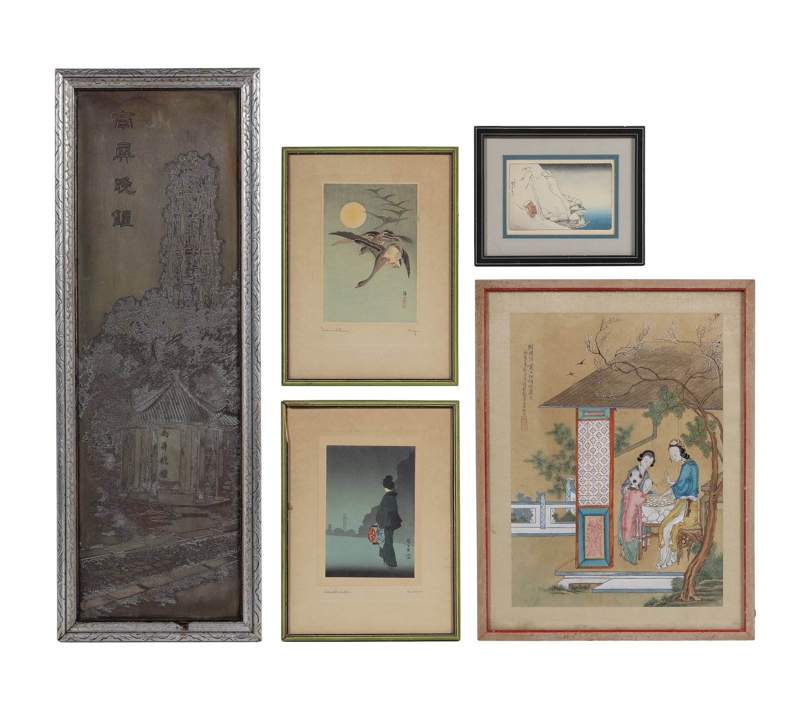 Asian Framed Artwork Assortment: Asian Framed Artwork Assortment (5) items including a Chinese watercolor on silk depiction of a figures in a garden, behind glass in a wood frame, a Chinese etched metal depiction of Nanping Hill in