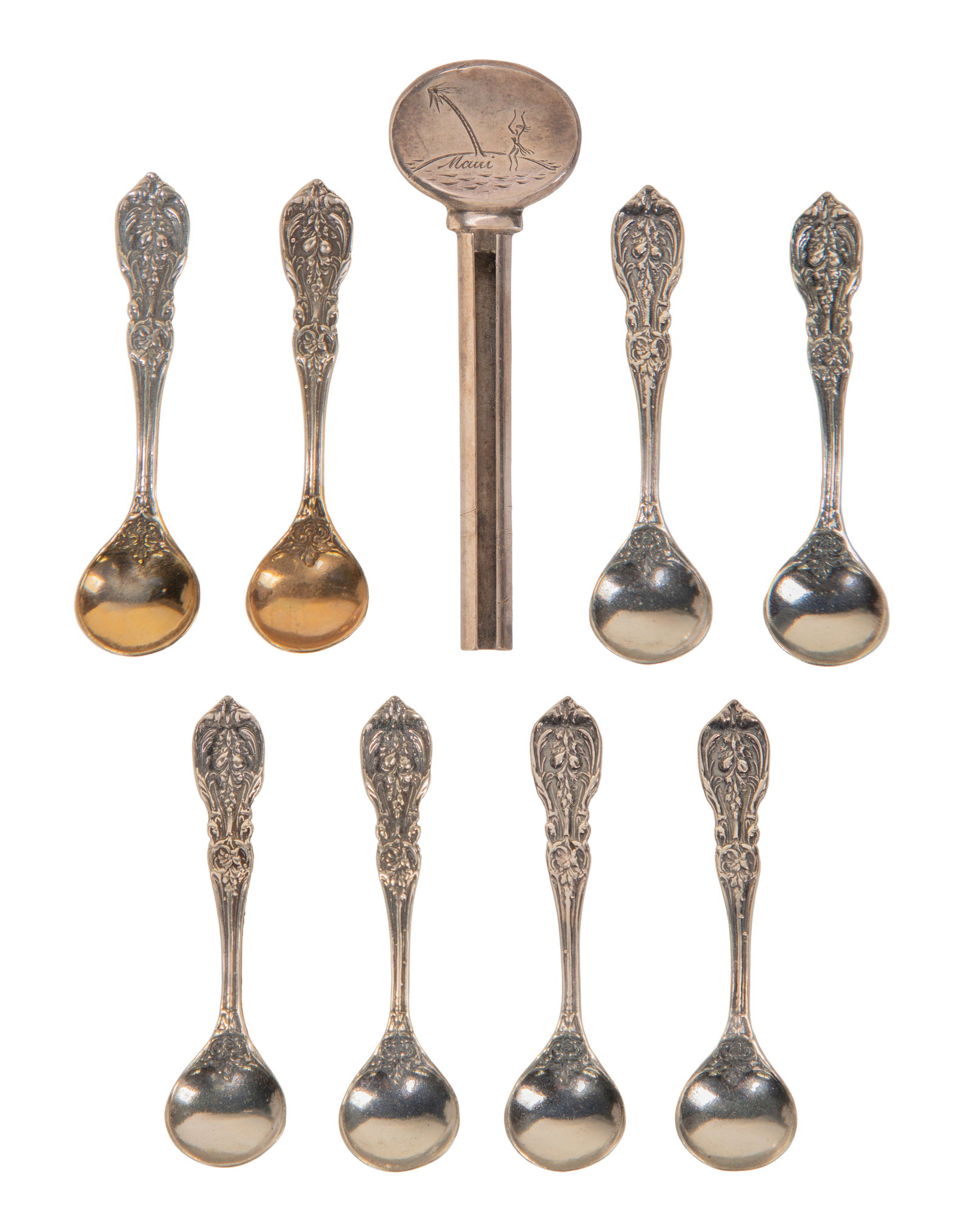 Tiffany and Reed & Barton Francis I Sterling Silver Assortment: Tiffany and Reed & Barton Francis I Sterling Silver Assortment (9) total items including a Tiffany & Co. tube key and (8) Reed and Barton salt spoons (2 gold-washed masters) (all marked 'sterling' /
