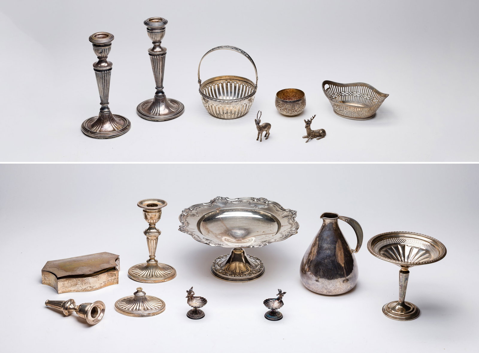 Sterling, Coin and European Silver Weighted Assortment: Sterling, Coin and European Silver Weighted Assortment (15) total items including a pitcher, a compote, a trinket box, a pair of candlesticks and a pair of salt cellars (marked 'sterling' / '925');