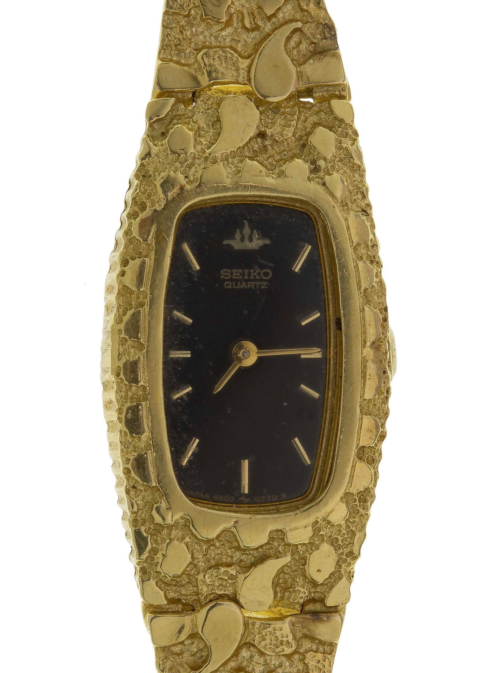14k Yellow Gold Wristwatch Bracelet: 14k Yellow Gold Wristwatch Bracelet A gold nugget style bracelet having an insertable Seiko watch (marked '14k' on back of clasp) including three extra links Property from: an Estate, Northfield,
