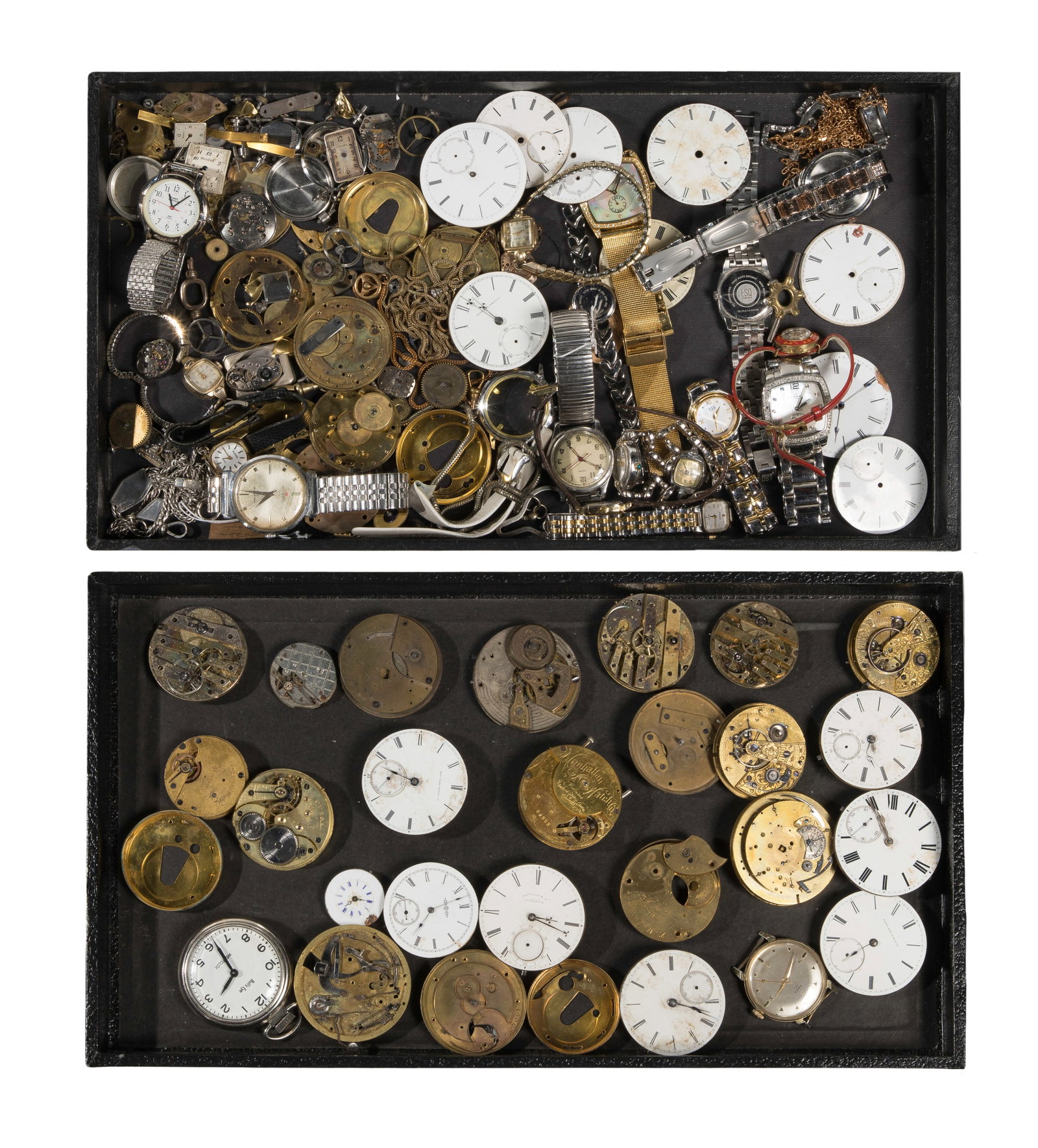 Wristwatch and Pocket Watch Parts Assortment: Wristwatch and Pocket Watch Parts Assortment Including examples by Helbros, Bulova, Gruen and Timex as well as various size and maker partial movements and dials Property from: a Private Collector,