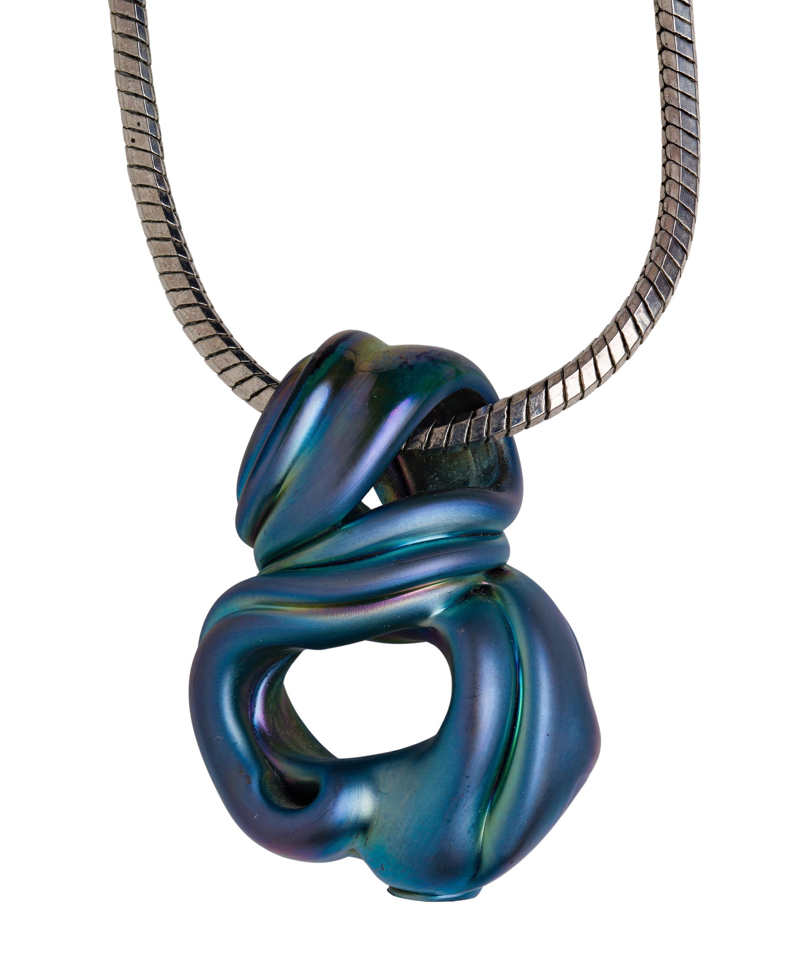 Lotton Glass Pendant on Necklace: Lotton Glass Pendant on Necklace 2000, signed, a blue abstract slide on a silver tone necklace Property from: a Private Collector, Winfield, Illinois Length: 2 3/8 inches, Width: 1 3/4 inches (slide)