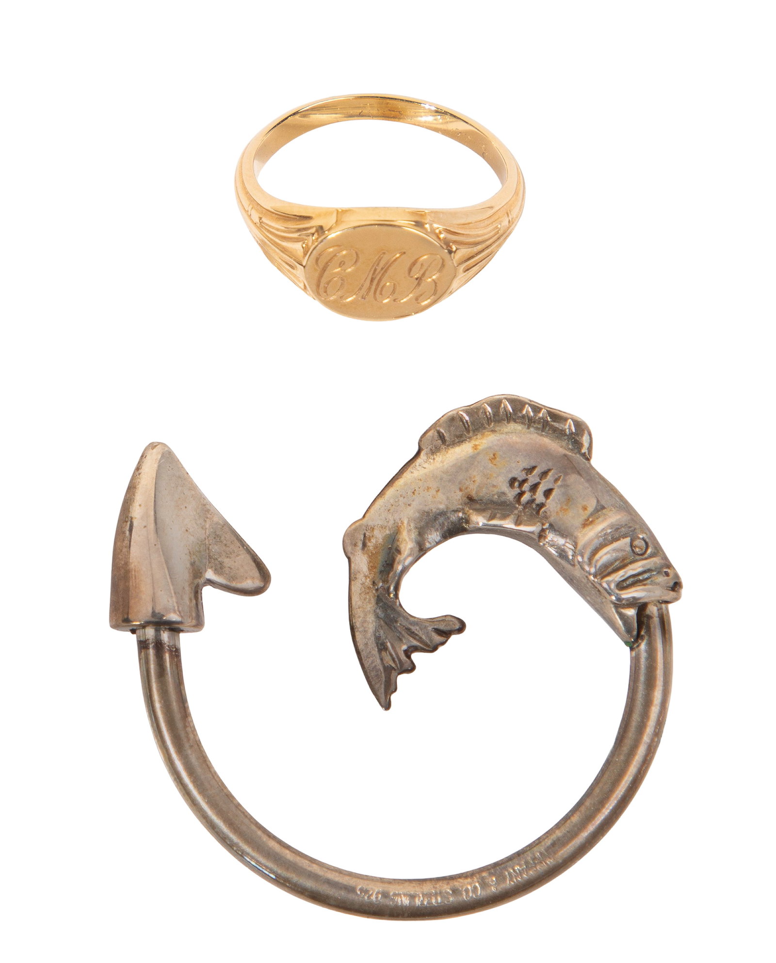 Tiffany & Co 14k Yellow Gold Ring and Sterling Silver Key Ring: Tiffany & Co 14k Yellow Gold Ring and Sterling Silver Key Ring (2) items including a signet ring (marked '14') having a Tiffany presentation box and a fish hook key ring (marked 'sterling' / '925')