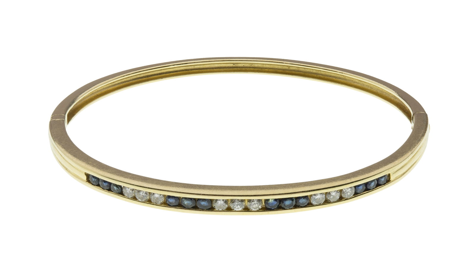 14k Yellow Gold, Sapphire and Diamond Hinged Bangle Bracelet: 14k Yellow Gold, Sapphire and Diamond Hinged Bangle Bracelet Alternating round cut gemstones in a channel setting, 0.125-inches wide (marked '14k') Property from: a Private Collector, Aurora,
