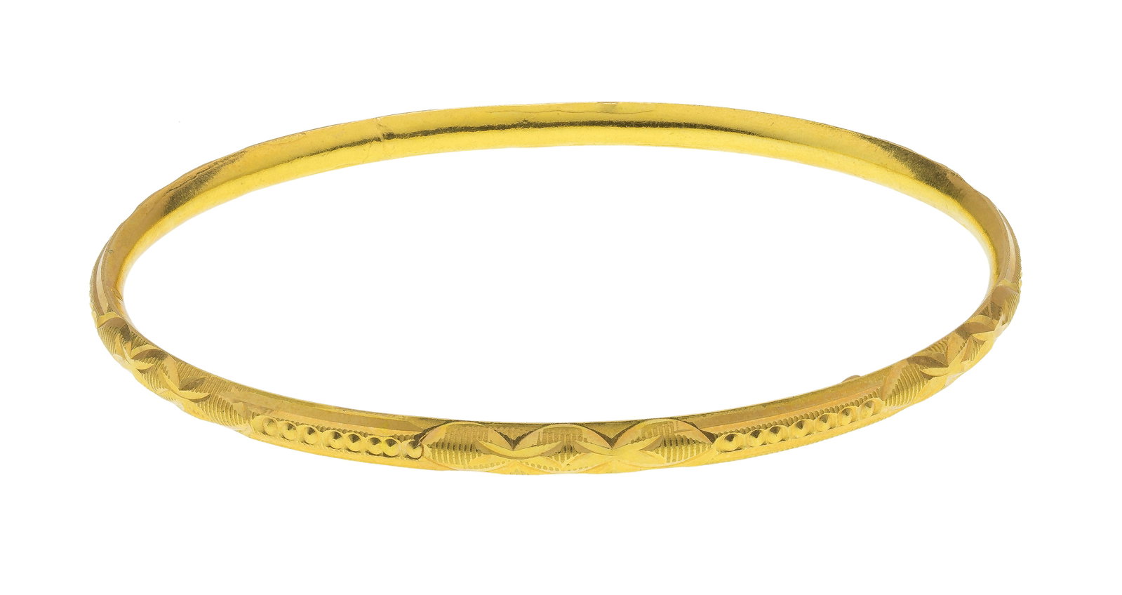 21k Yellow Gold Bangle Bracelet: 21k Yellow Gold Bangle Bracelet A textured bracelet, 0.125-inch wide (marked '21') Property from: a Private Collector, Mount Prospect, Illinois Length: 7 3/4 inches (inside dimension) Weight: 20k gold