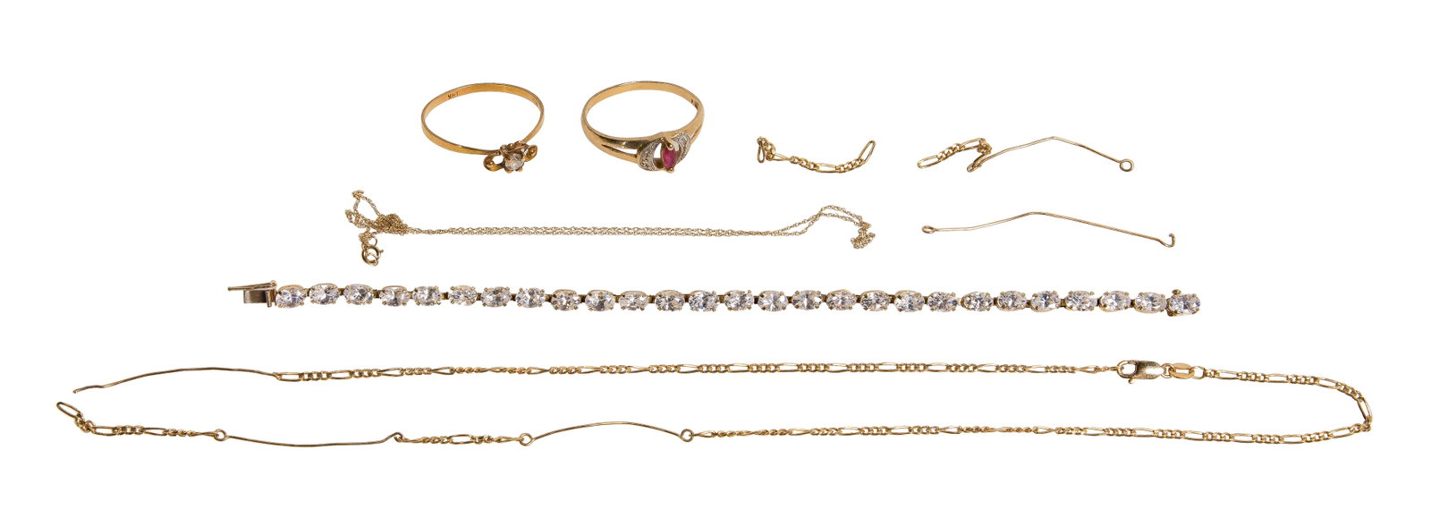 Gold Jewelry Assortment: Gold Jewelry Assortment (5) items including a clear quartz promise ring (marked '18k'), a Figaro link style necklace (marked '14k') as well as a clear quartz tennis bracelet, a ruby ring and a fine