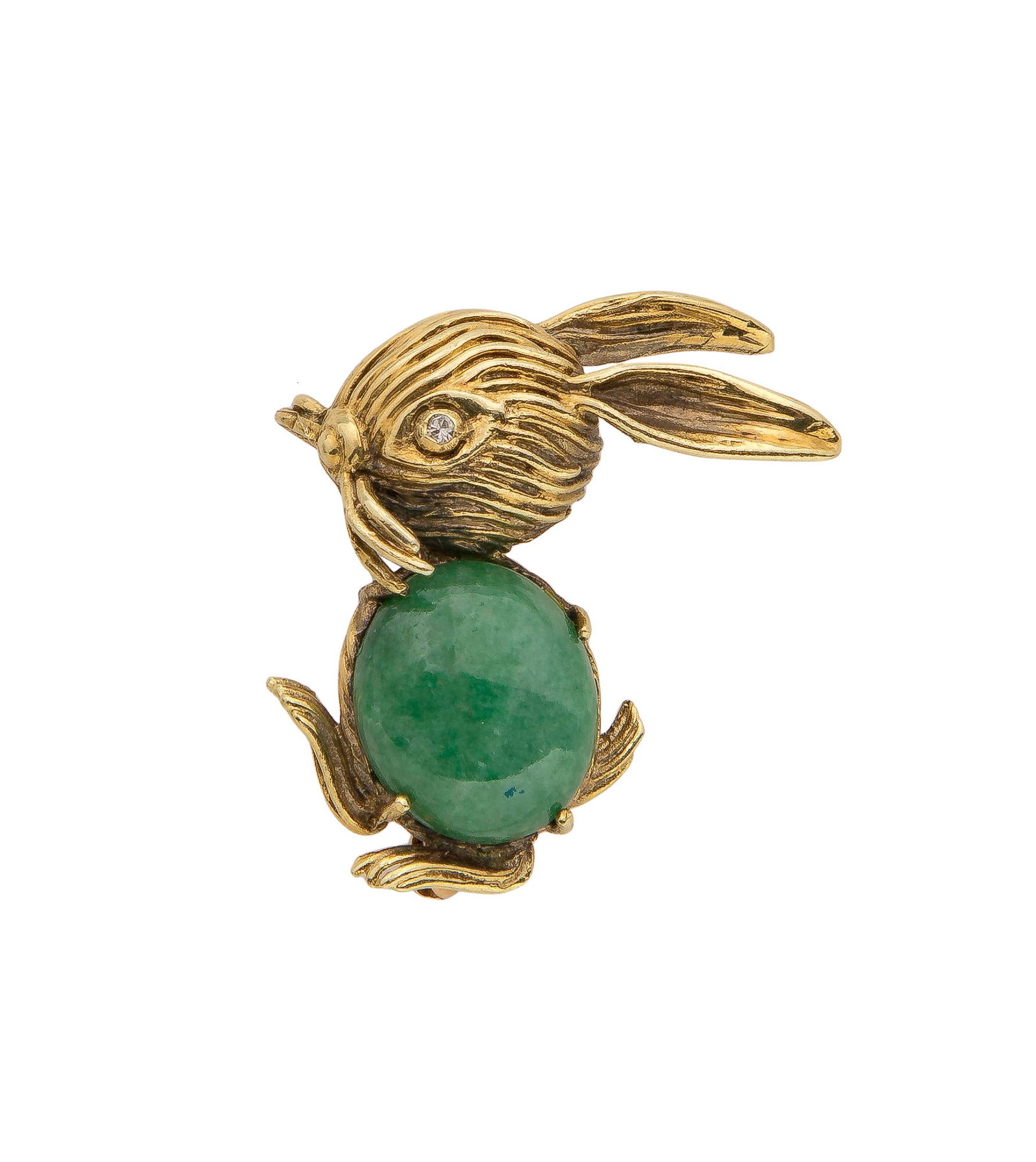 14k Yellow Gold, Jadeite Jade and Diamond Brooch: 14k Yellow Gold, Jadeite Jade and Diamond Brooch In the form of a rabbit having a diamond eye and a cabochon jadeite jade body (marked '14k') Property from: a Private Collector, Chicago (Edgewater),