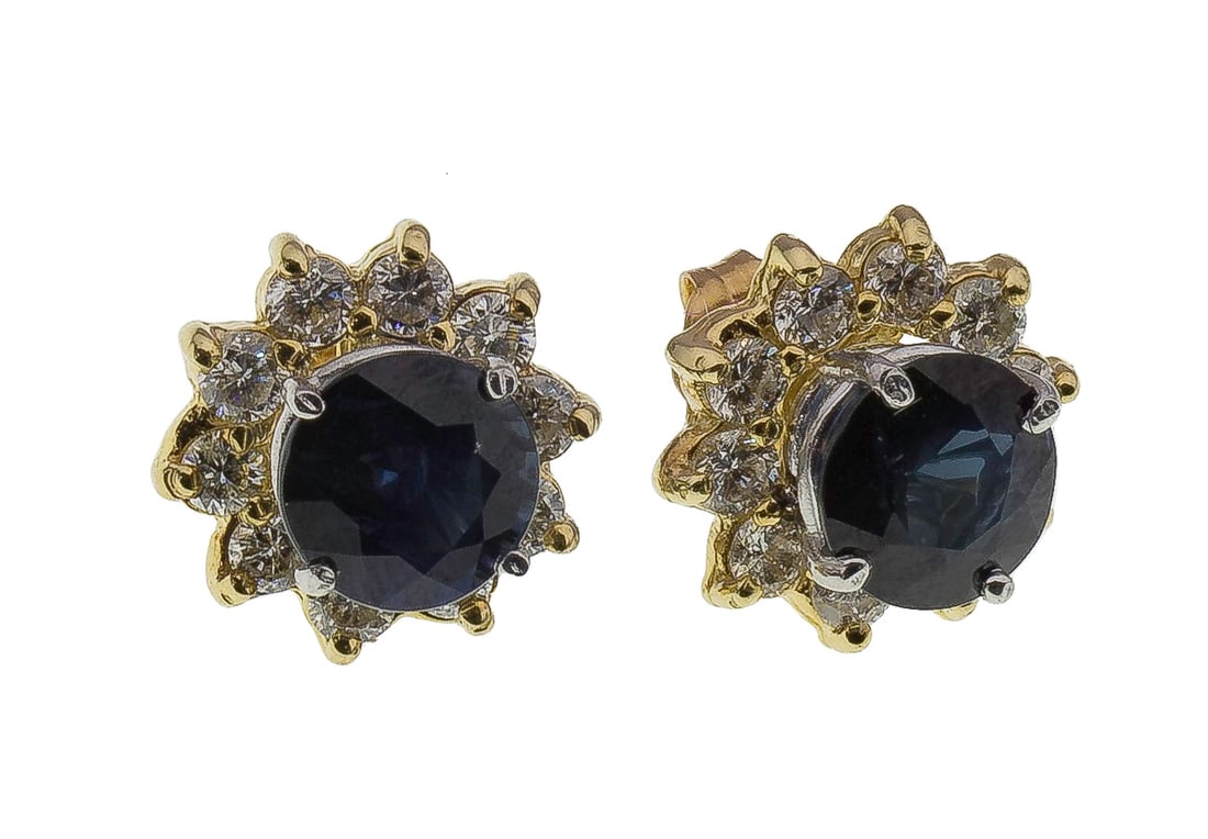 14k Gold, Sapphire and Diamond Earrings: 14k Gold, Sapphire and Diamond Earrings A pair of earrings having round cut sapphire surrounded by a halo of round cut diamonds (unmarked 14k, backers marked '14k') including a presentation box Proper