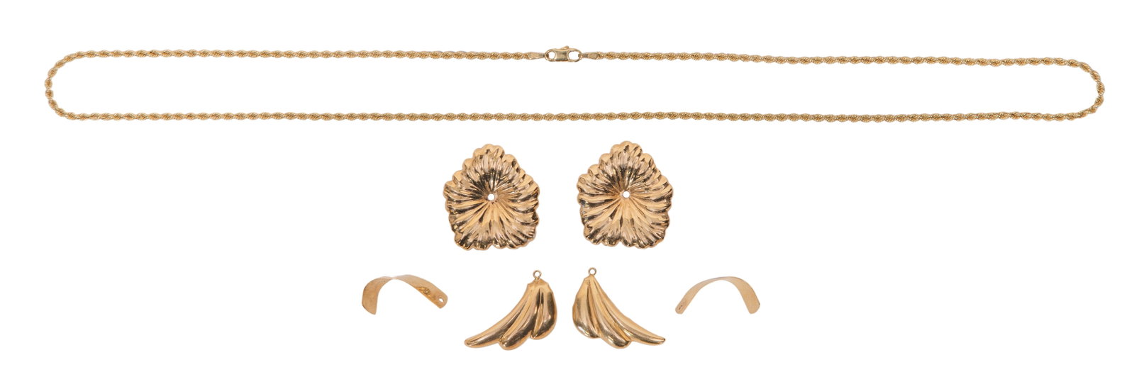 14k Yellow Gold Necklace and Earring Jacket Assortment: 14k Yellow Gold Necklace and Earring Jacket Assortment (4) items including (3) pairs of earring jackets and a rope style necklace (all marked '14k') Property from: a Private Collector, Winfield,