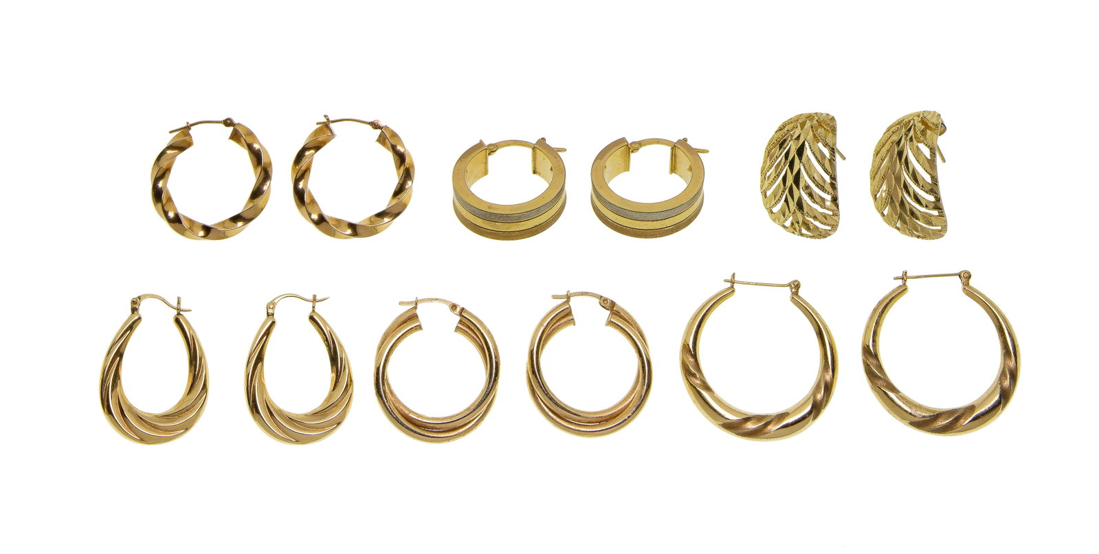 14k Yellow Gold Pierced Earring Assortment: 14k Yellow Gold Pierced Earring Assortment (6) pairs of various styles and designs (all marked '14k') Property from: a Private Collector, Wheaton, Illinois Length: 1 inches, Width: 1 inches (average)