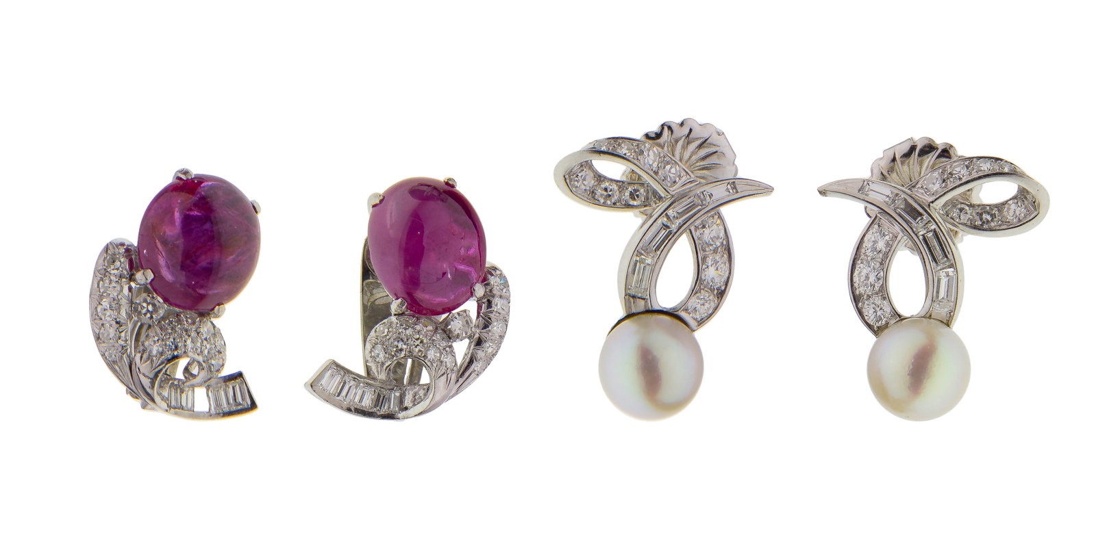 Precious Metal and Diamond Earrings: Precious Metal and Diamond Earrings (2) pairs of earrings including a pair of gold, platinum, ruby and diamond clip back and a pair of platinum, silver and pearl pierced (unmarked mixed metal)