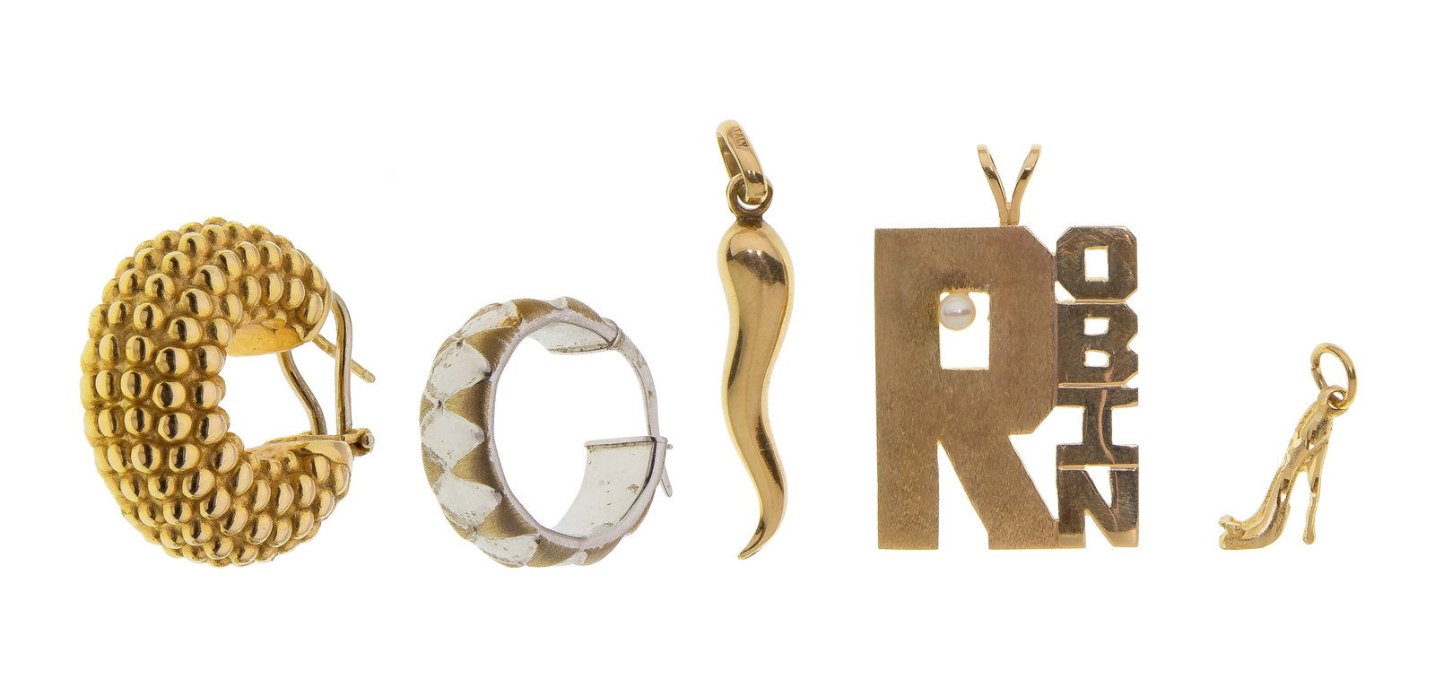 14k Yellow Gold Jewelry Assortment: 14k Yellow Gold Jewelry Assortment (5) items including (3) pendants and (2) single pierced earrings (most marked '14k' / '585') Property from: a Private Collector, Wheaton, Illinois Length: 1 1/4