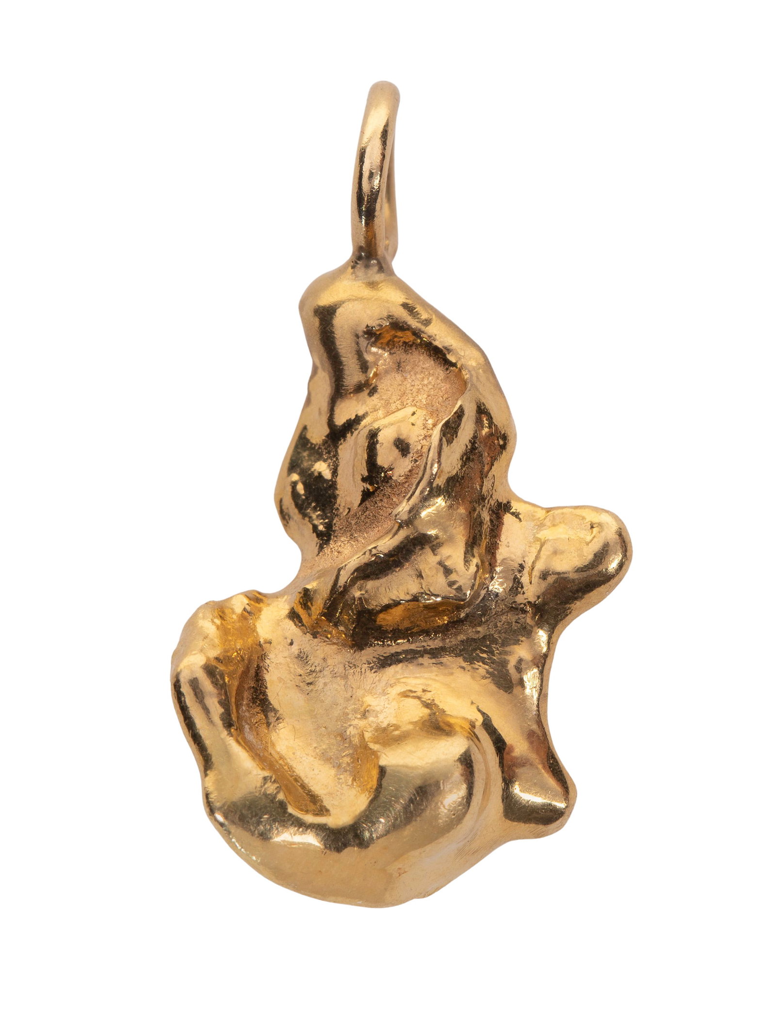 19k / 20k Yellow Gold Nugget Pendant: 19k / 20k Yellow Gold Nugget Pendant Free form style (unmarked 20k to 19k) Property from: a Private Collector, Winfield, Illinois Length: 1 1/4 inches, Width: 1/2 inches Weight: 18k gold: 8.88 dwts.
