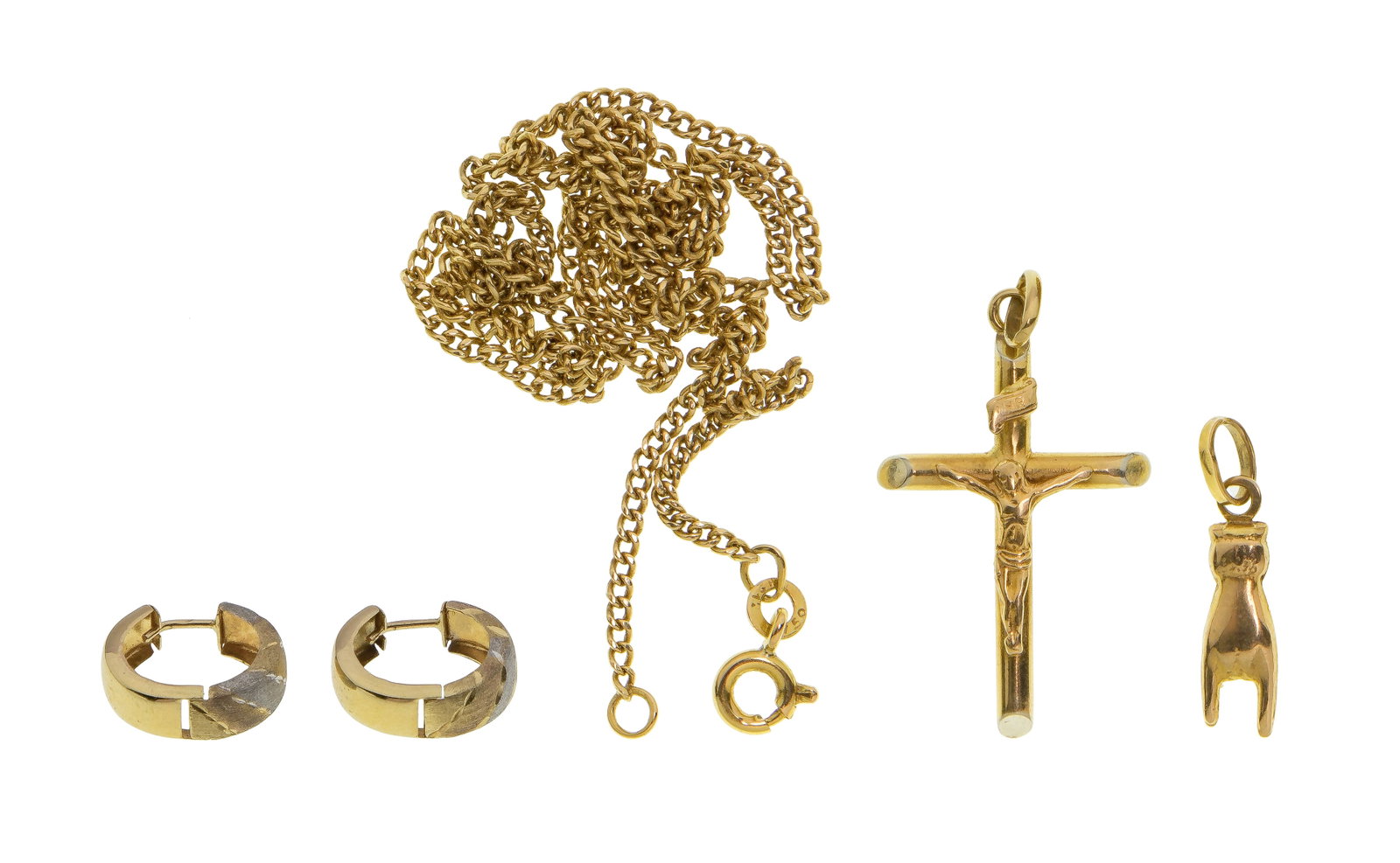 18k Gold Jewelry Assortment: 18k Gold Jewelry Assortment (4) items including (2) pendants, a pair of pierced earrings and a chain style necklace (some marked '750') Property from: a Private Collector, Wheaton, Illinois Length: 22
