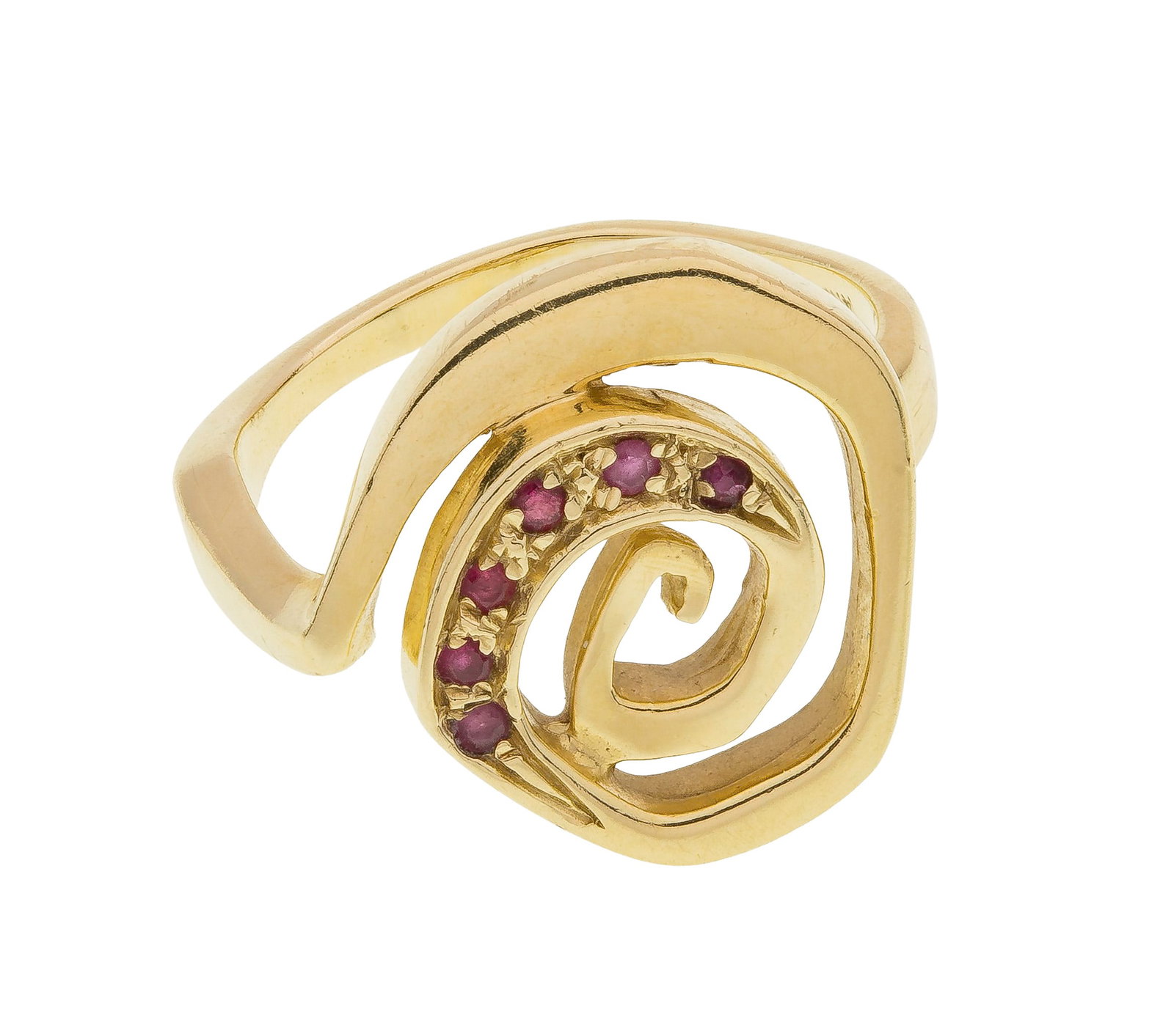 14k Yellow Gold and Ruby Ring: 14k Yellow Gold and Ruby Ring Having a spiral design, accented by round cut rubies (marked '14k') Property from: a Private Collector, Winfield, Illinois Size: 7 Weight: 14k gold: 3.67 dwts. (total)